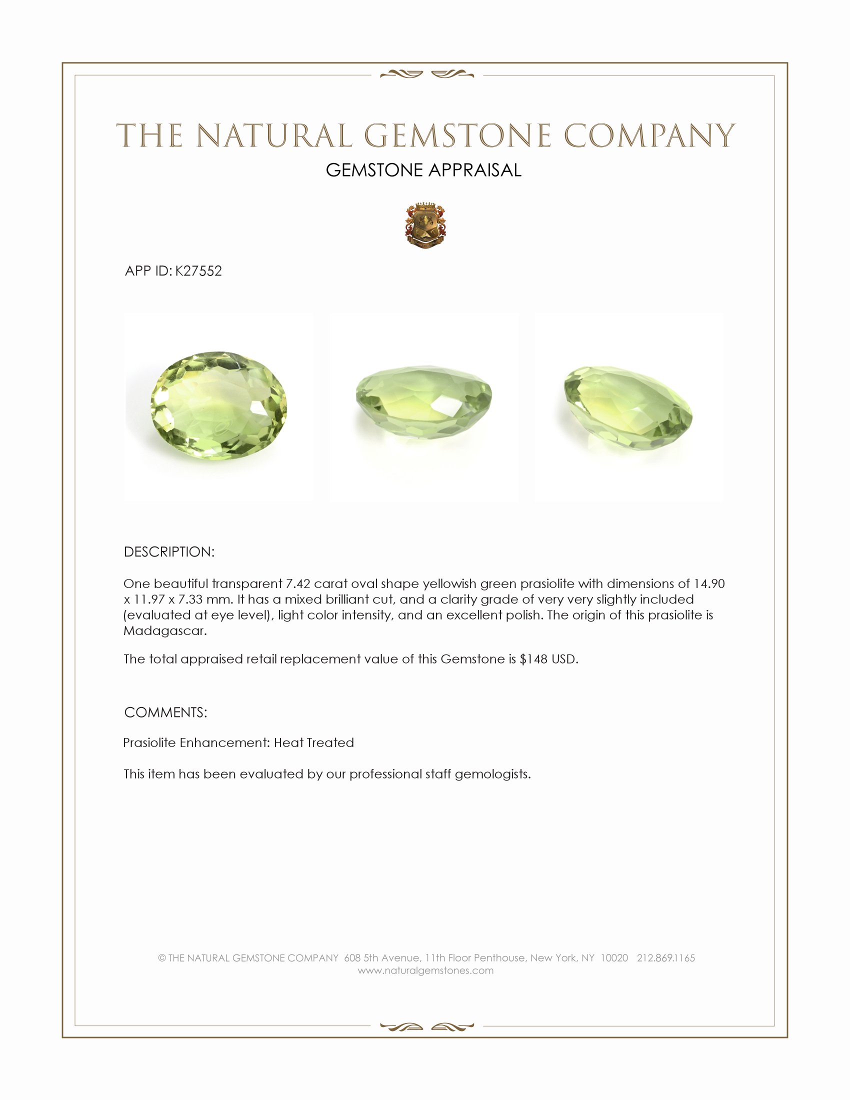 7.42 Ct. Yellowish Green Prasiolite from Madagascar