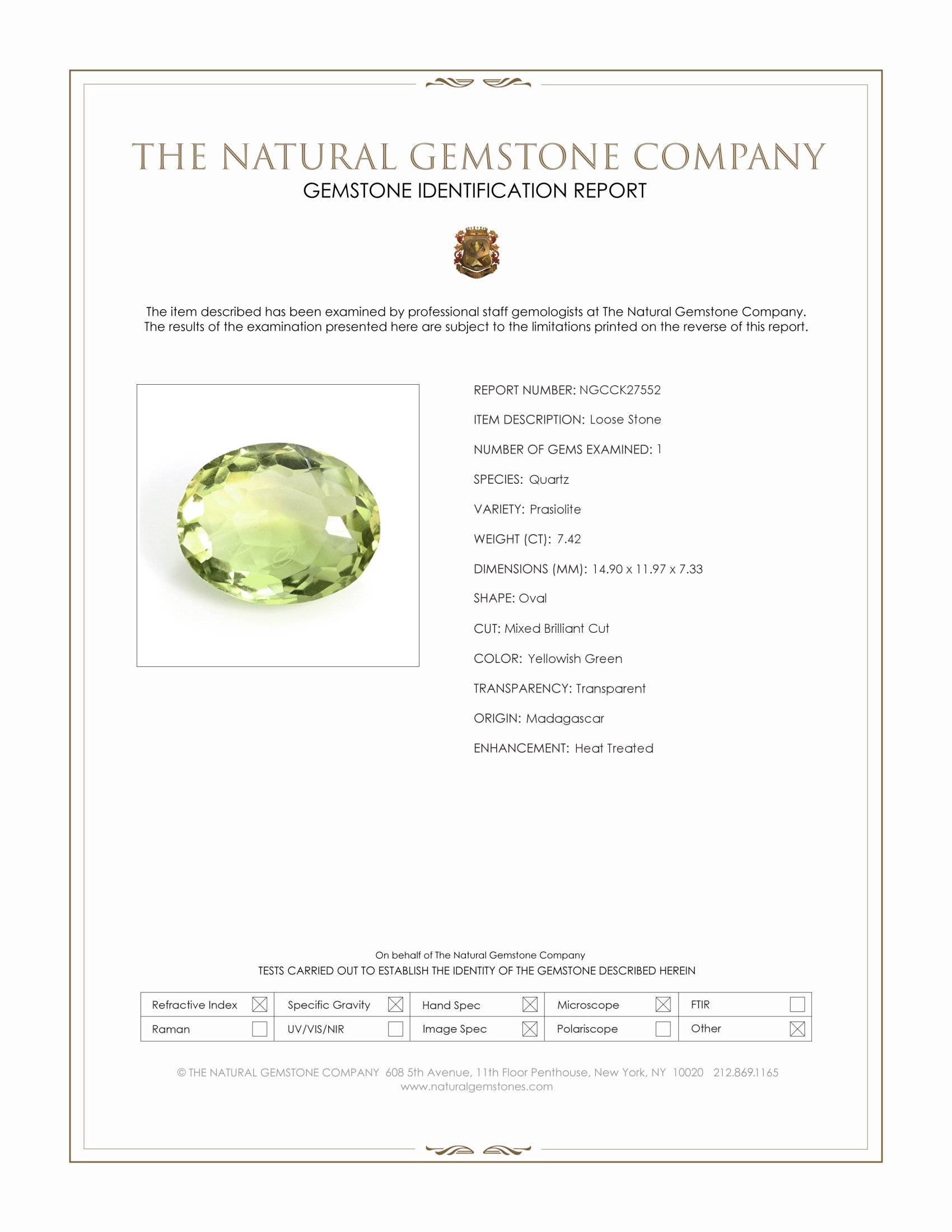 7.42 Ct. Yellowish Green Prasiolite from Madagascar
