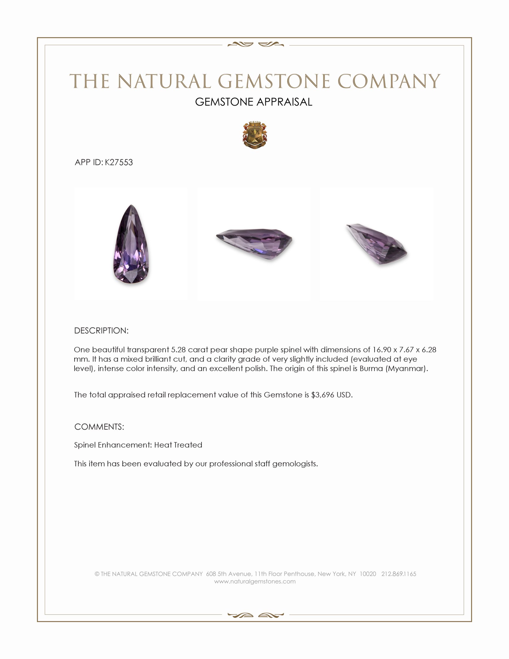5.28 Ct. Purple Spinel from Burma (Myanmar)
