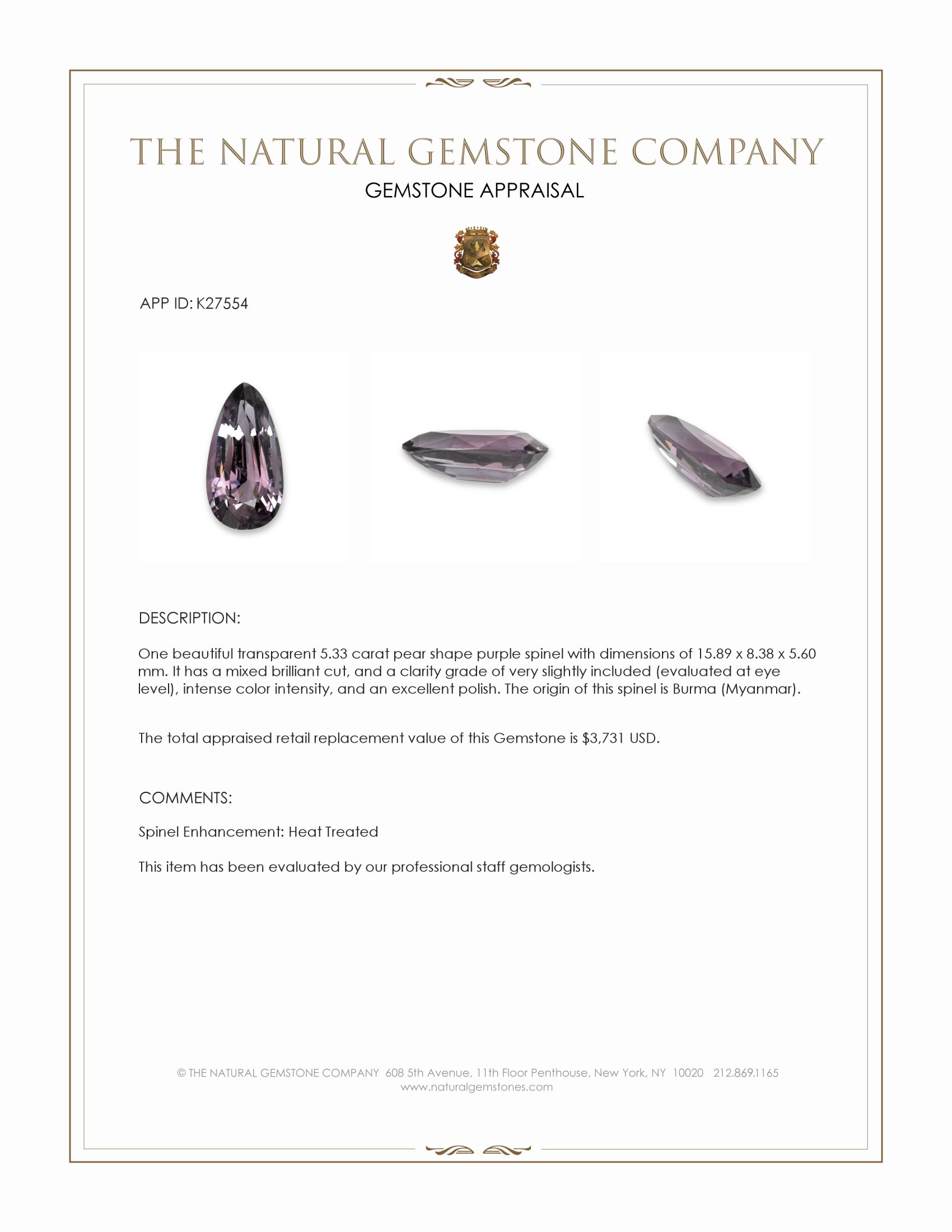 5.33 Ct. Purple Spinel from Burma (Myanmar)