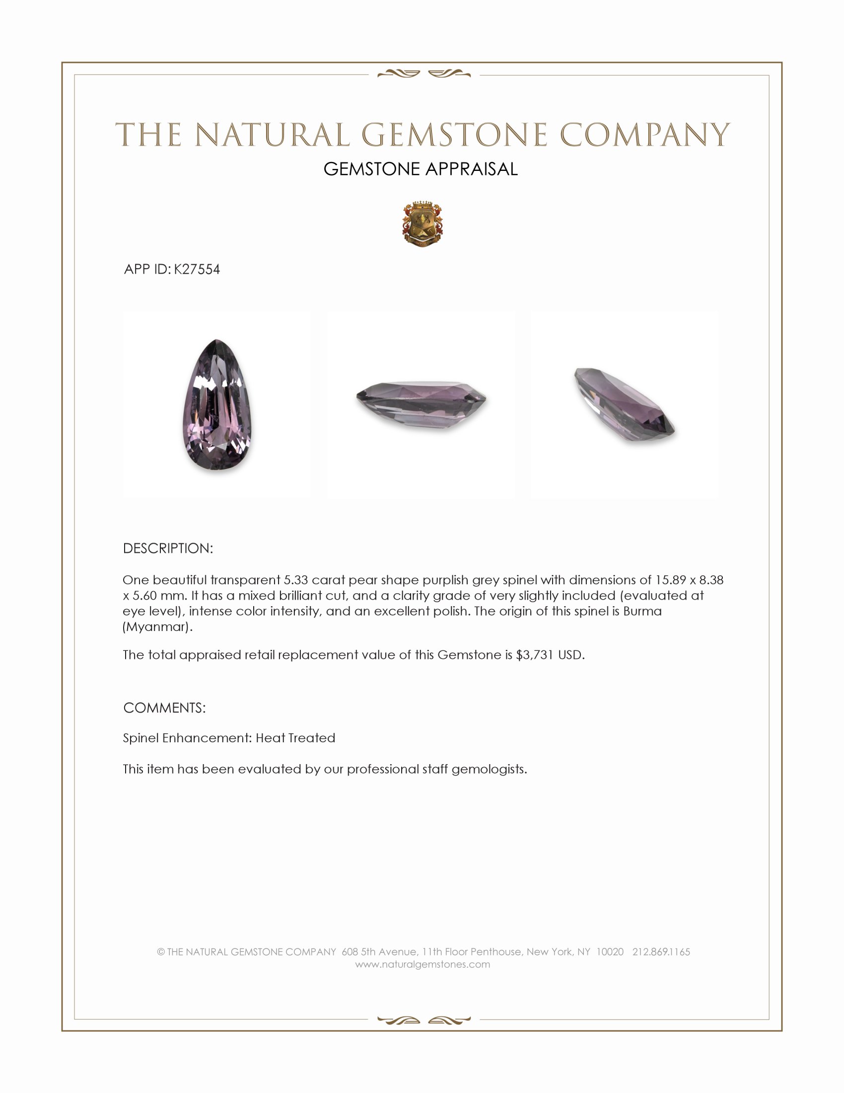 5.33 Ct. Purplish Grey Spinel from Burma (Myanmar)