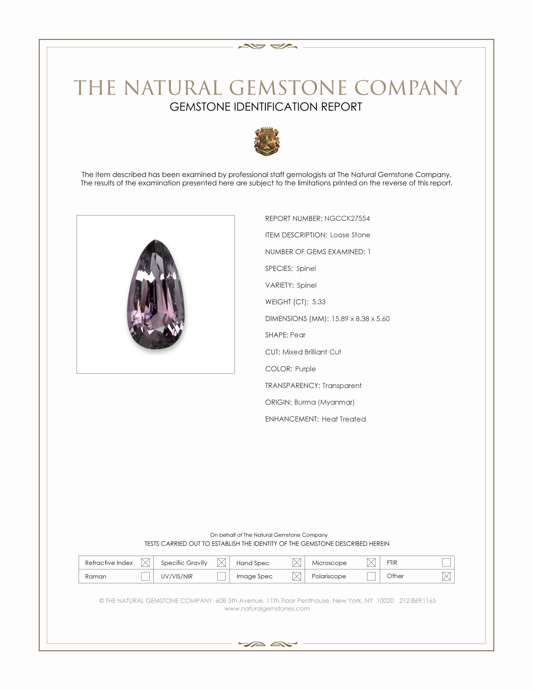 5.33 Ct. Purple Spinel from Burma (Myanmar)