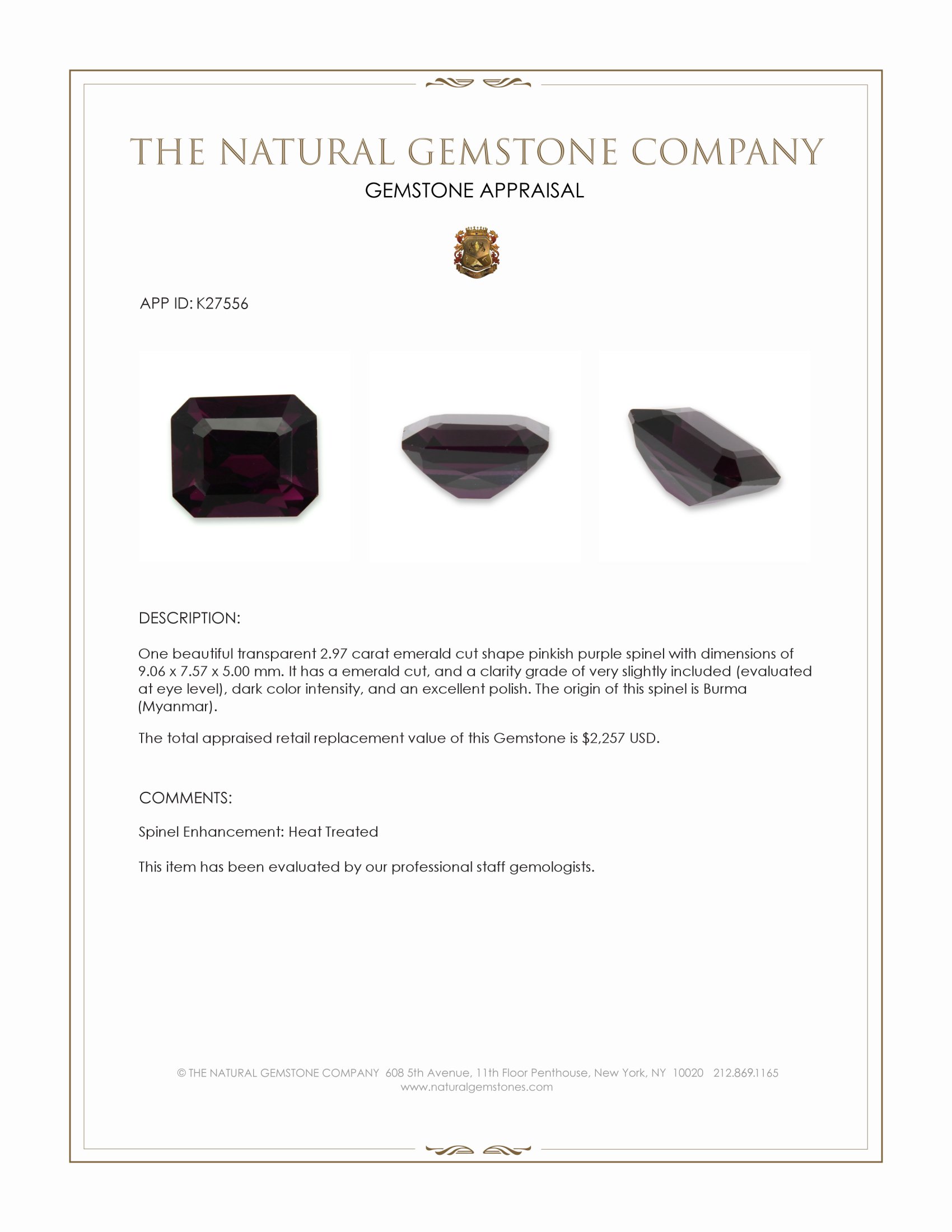2.97 Ct. Pinkish Purple Spinel from Burma (Myanmar)