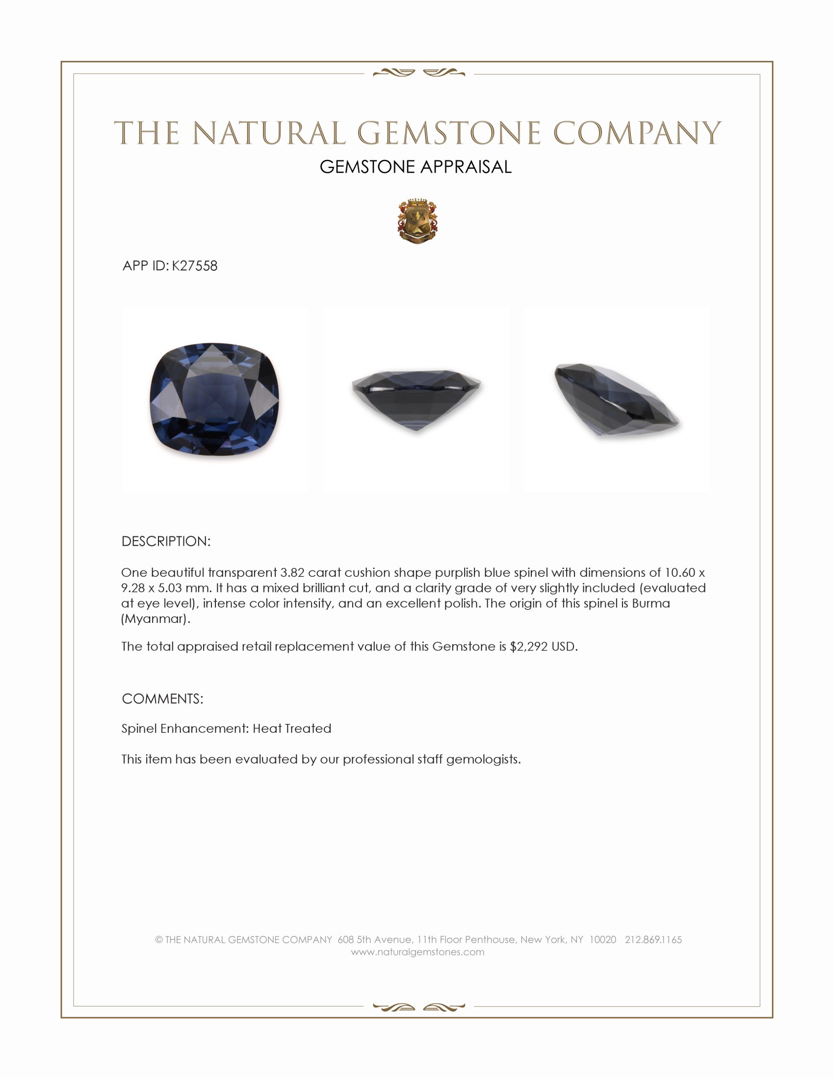 3.82 Ct. Purplish Blue Spinel from Burma (Myanmar)