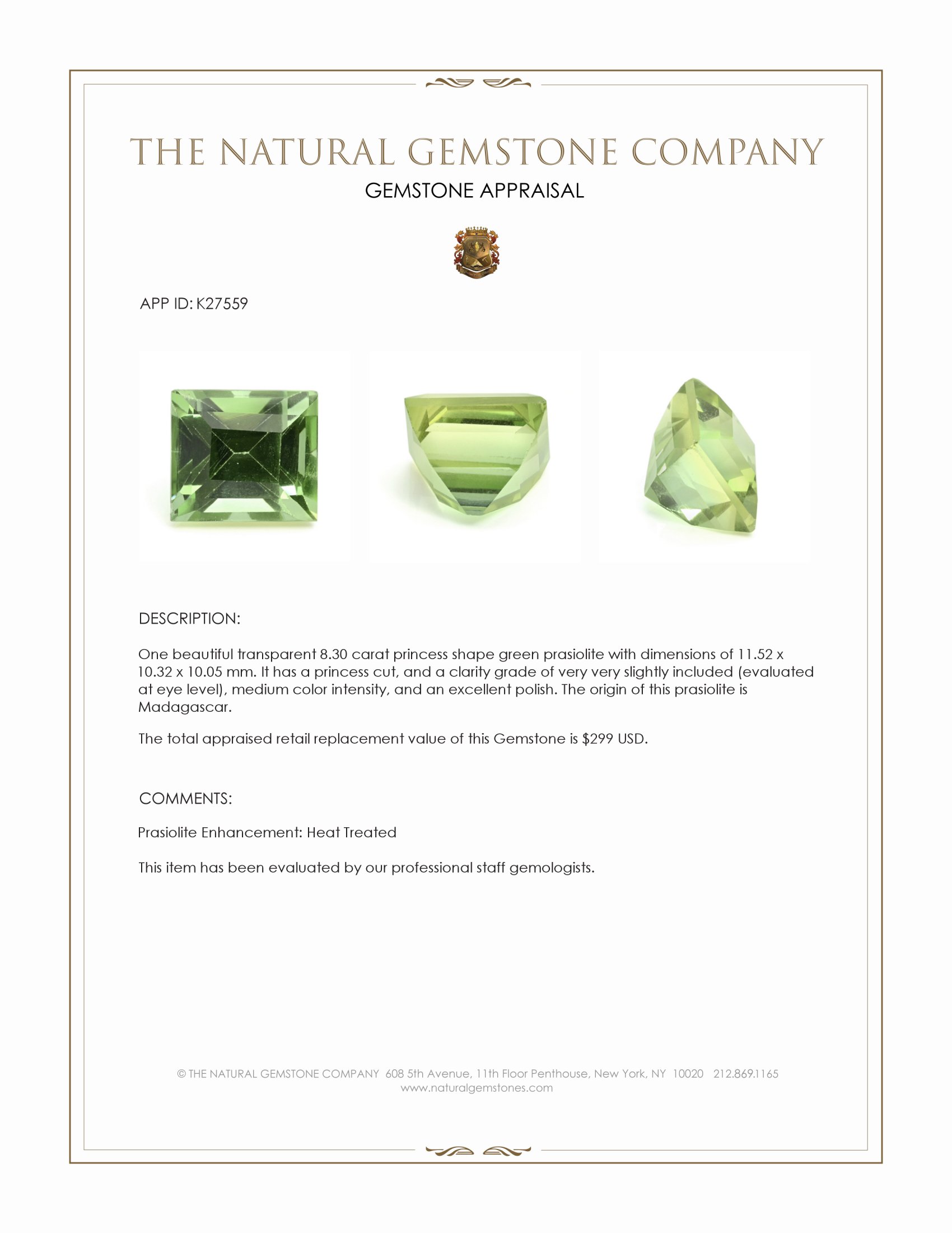 8.30 Ct. Green Prasiolite from Madagascar