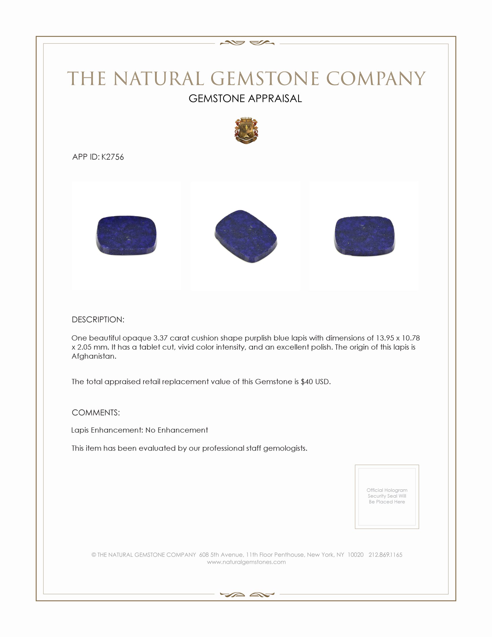 3.37 Ct. Lapis from Afghanistan