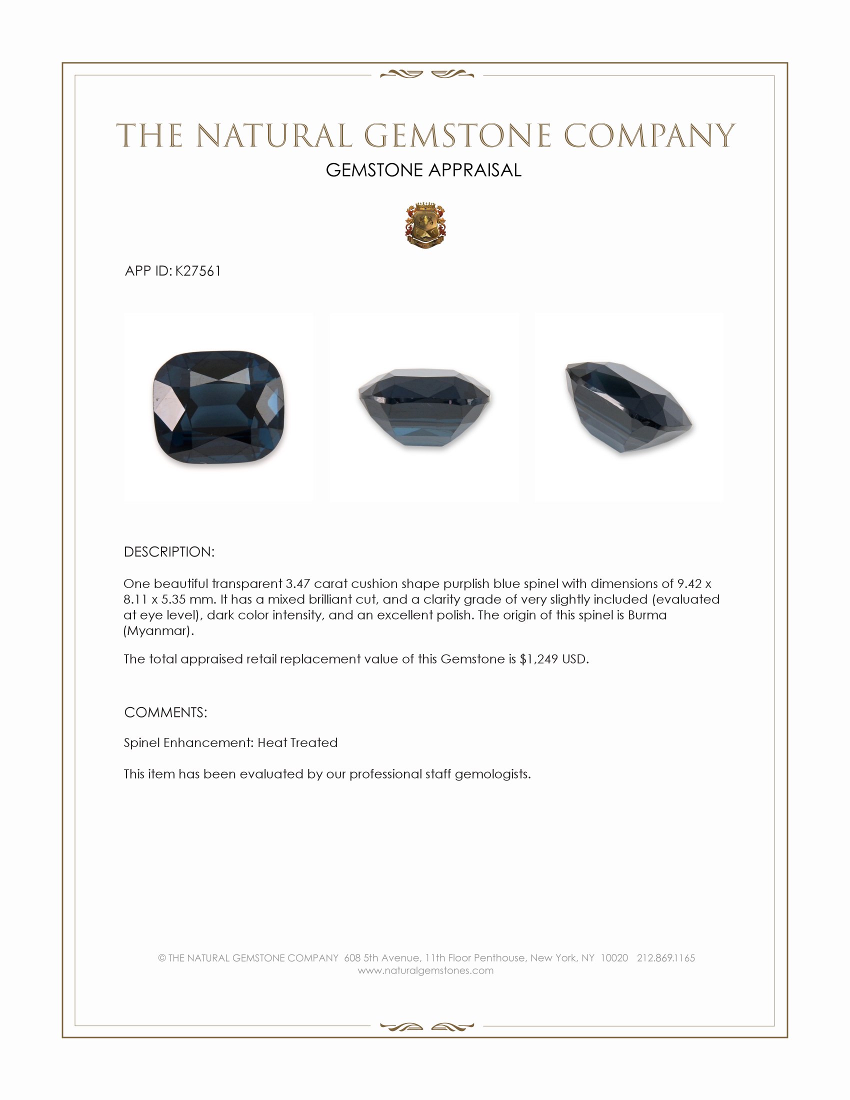 3.47 Ct. Purplish Blue Spinel from Burma (Myanmar)