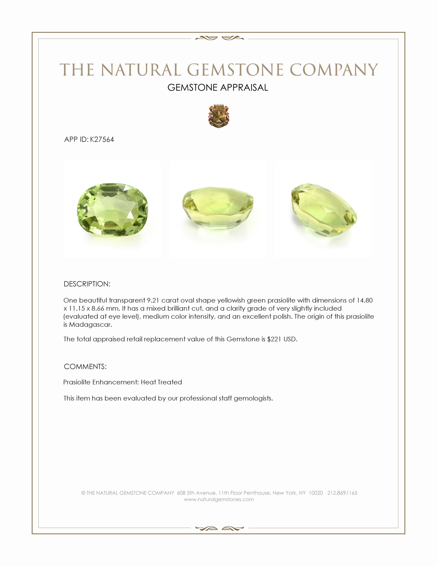 9.21 Ct. Yellowish Green Prasiolite from Madagascar