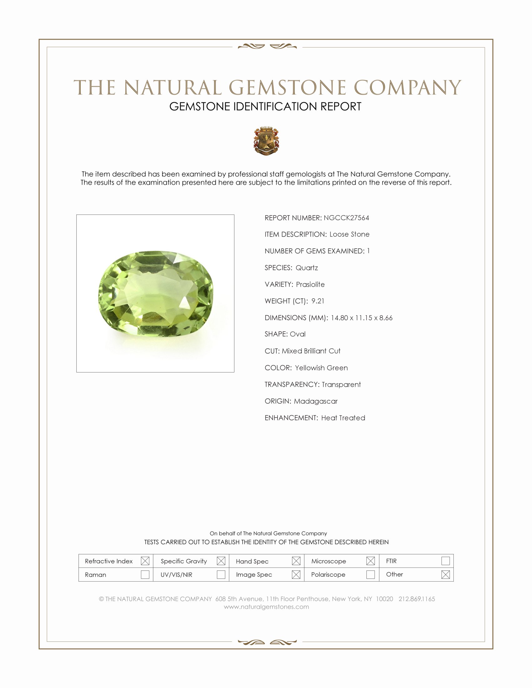 9.21 Ct. Yellowish Green Prasiolite from Madagascar