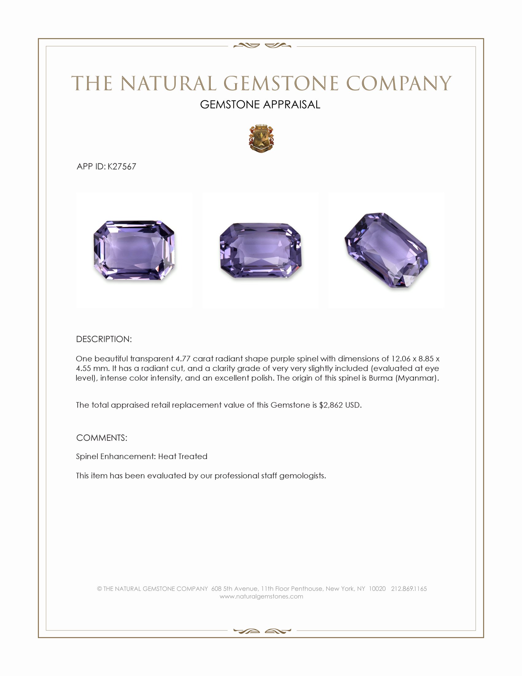 4.77 Ct. Purple Spinel from Burma (Myanmar)