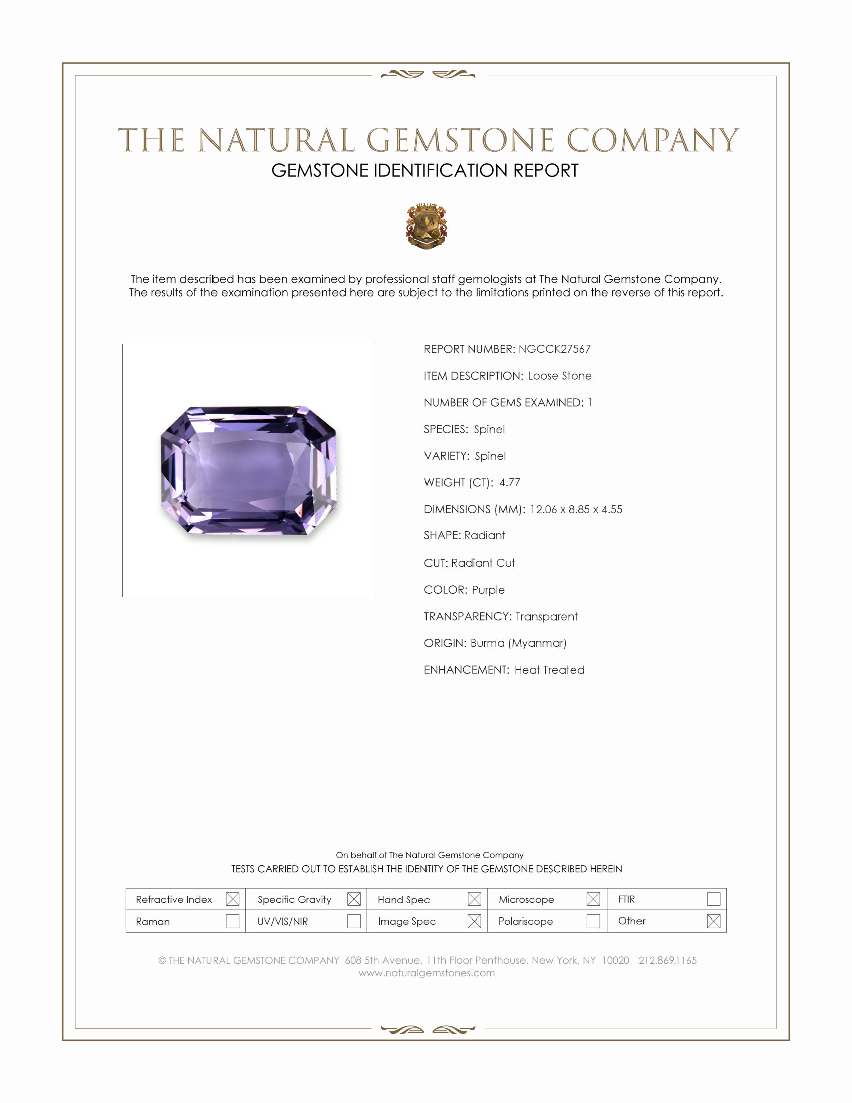 4.77 Ct. Purple Spinel from Burma (Myanmar)