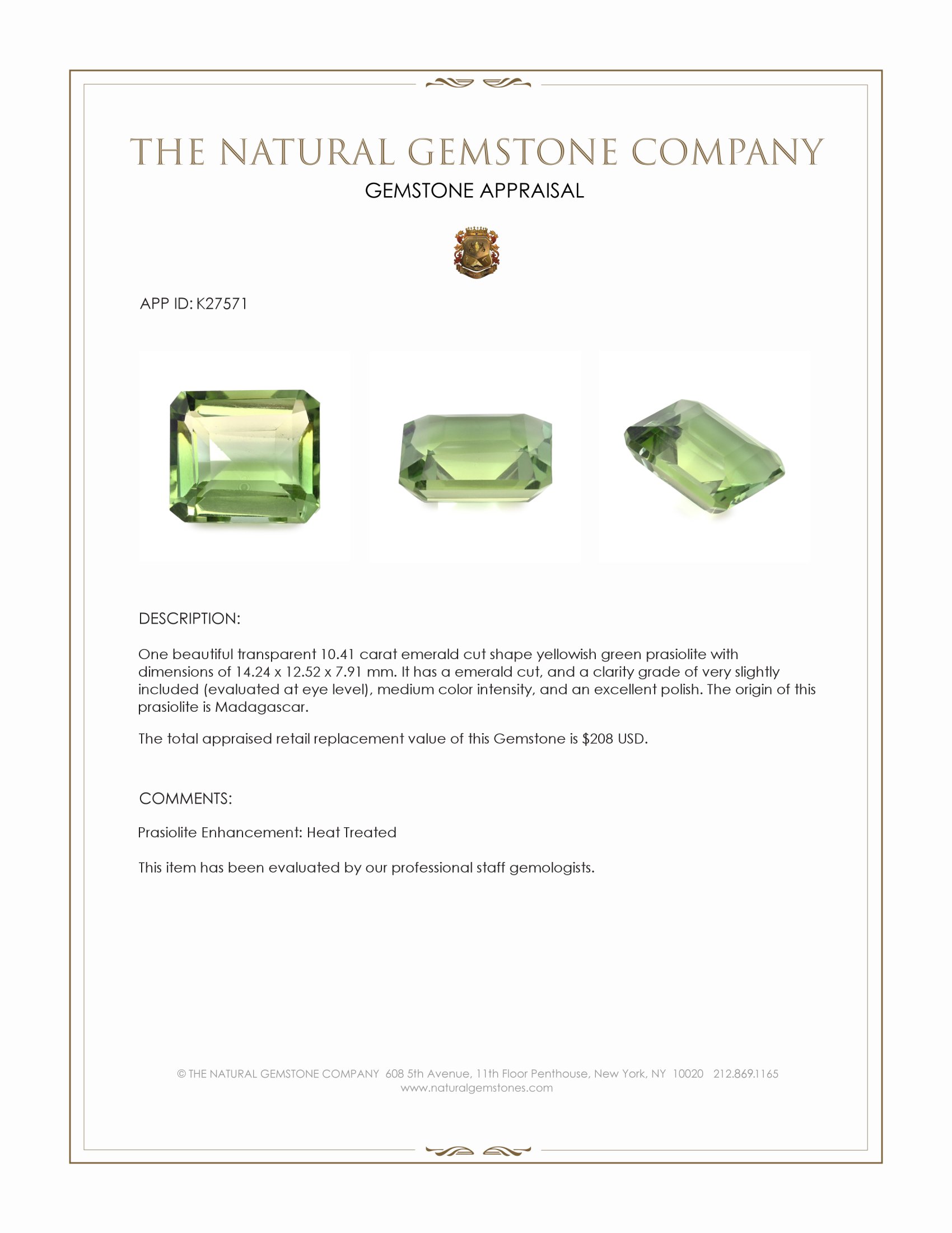 10.41 Ct. Yellowish Green Prasiolite from Madagascar