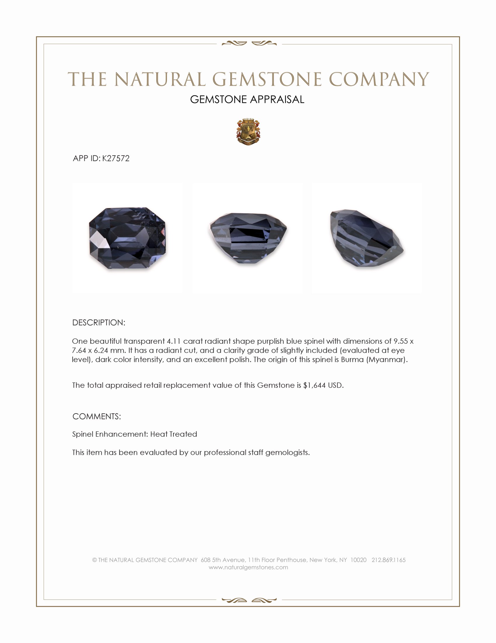 4.11 Ct. Purplish Blue Spinel from Burma (Myanmar)