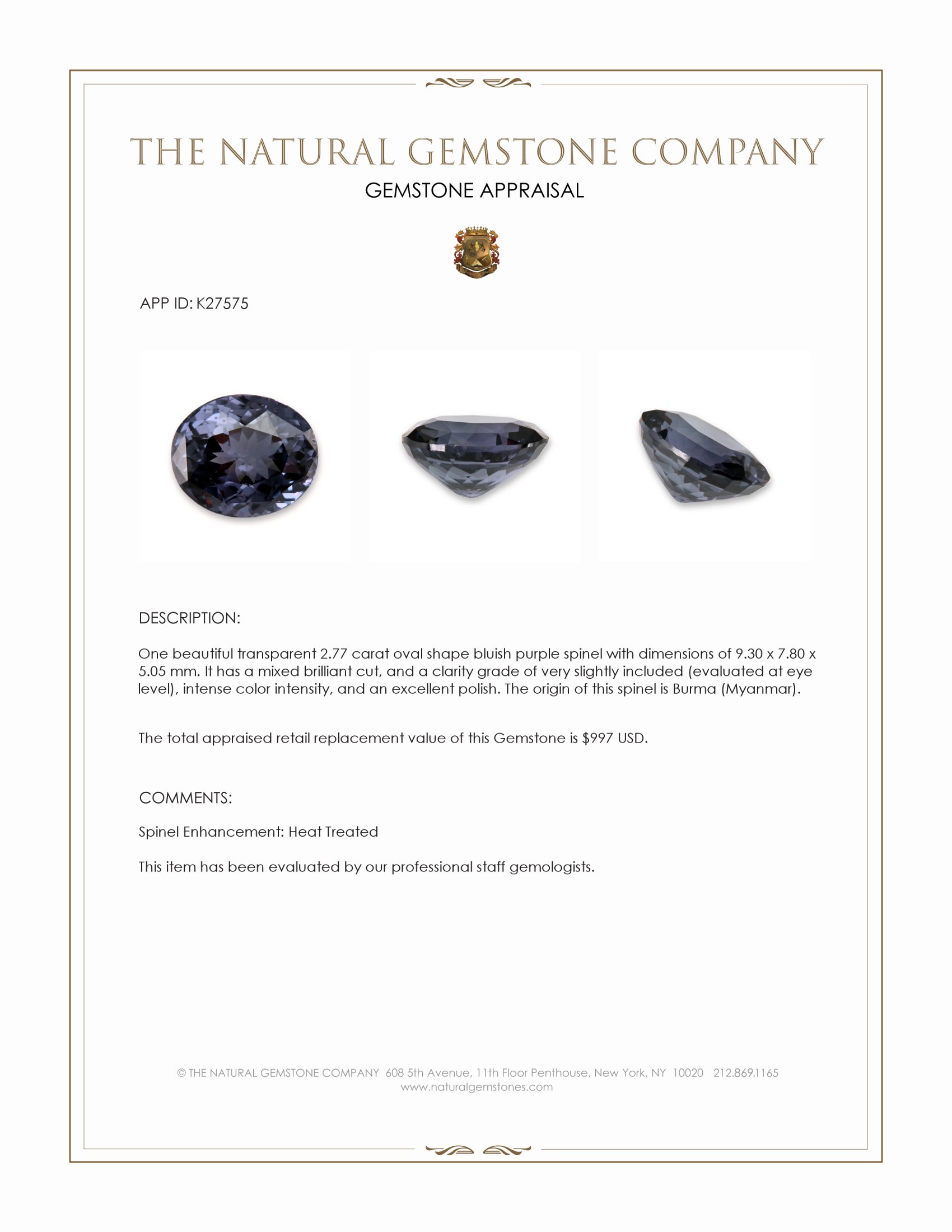 2.77 Ct. Bluish Purple Spinel from Burma (Myanmar)