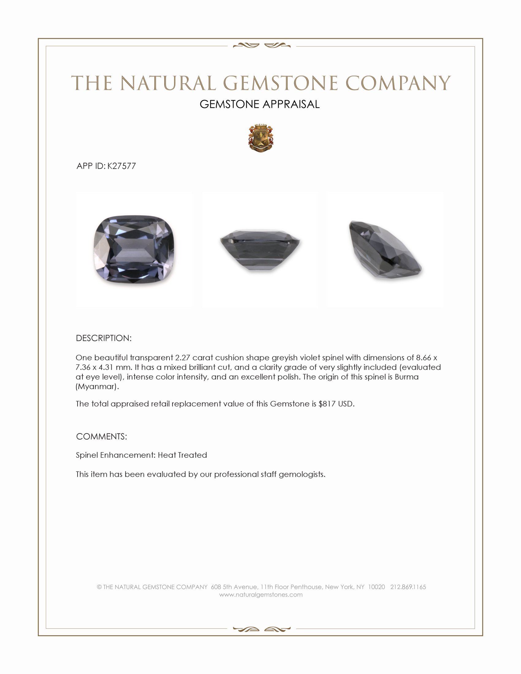 2.27 Ct. Greyish Violet Spinel from Burma (Myanmar)