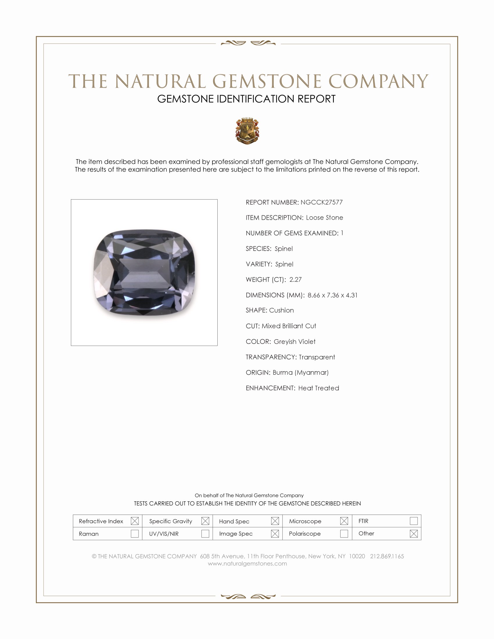 2.27 Ct. Greyish Violet Spinel from Burma (Myanmar)