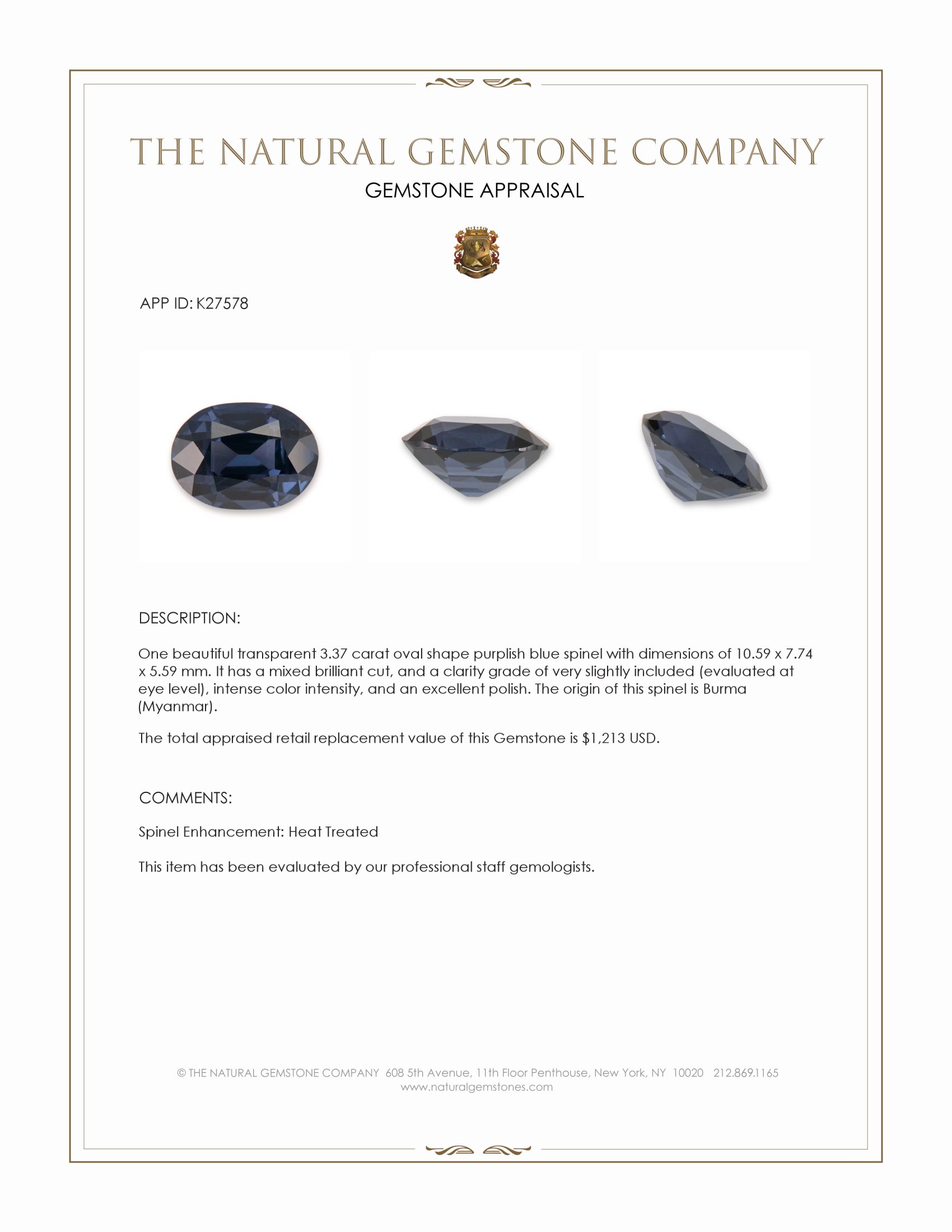 3.37 Ct. Purplish Blue Spinel from Burma (Myanmar)