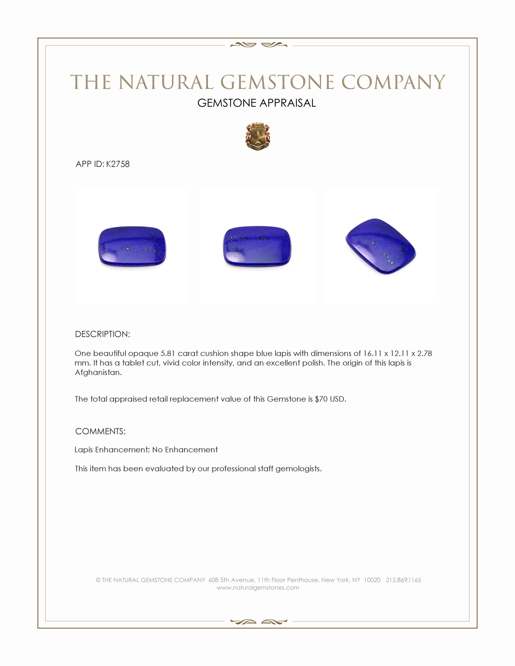 5.81 Ct. Lapis from Afghanistan