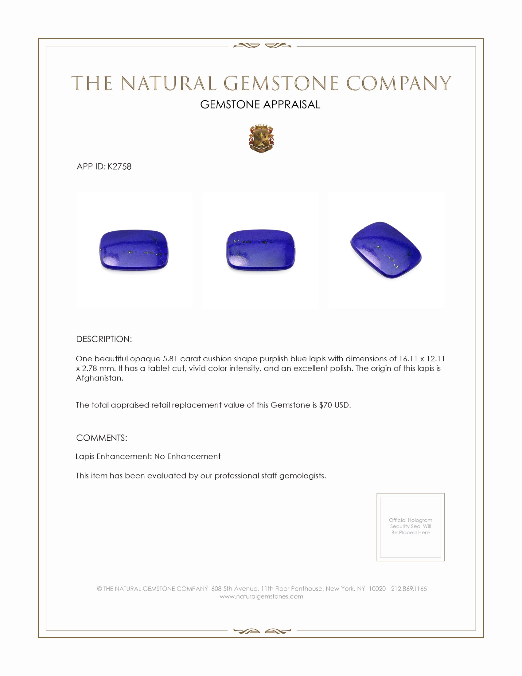 5.81 Ct. Lapis from Afghanistan