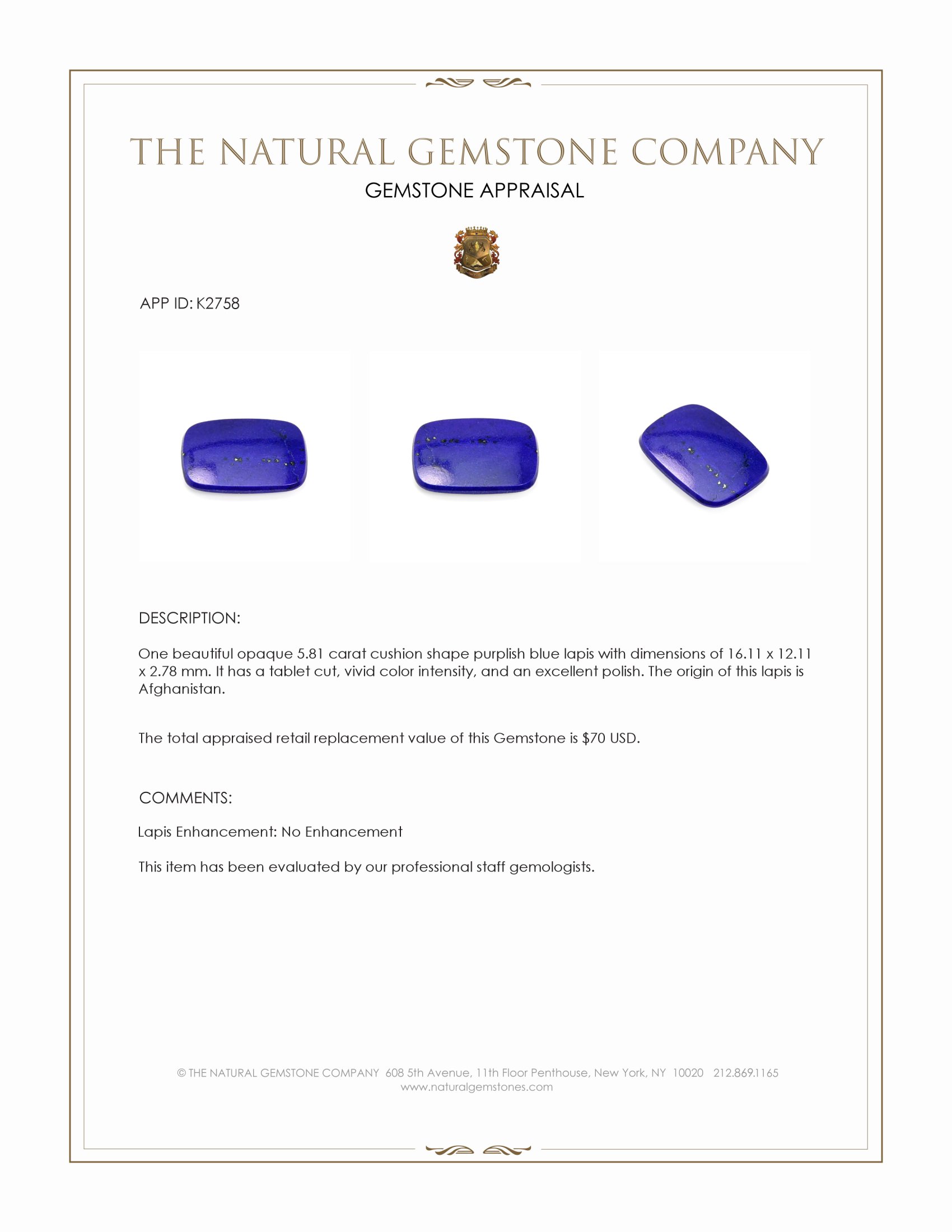 5.81 Ct. Lapis from Afghanistan