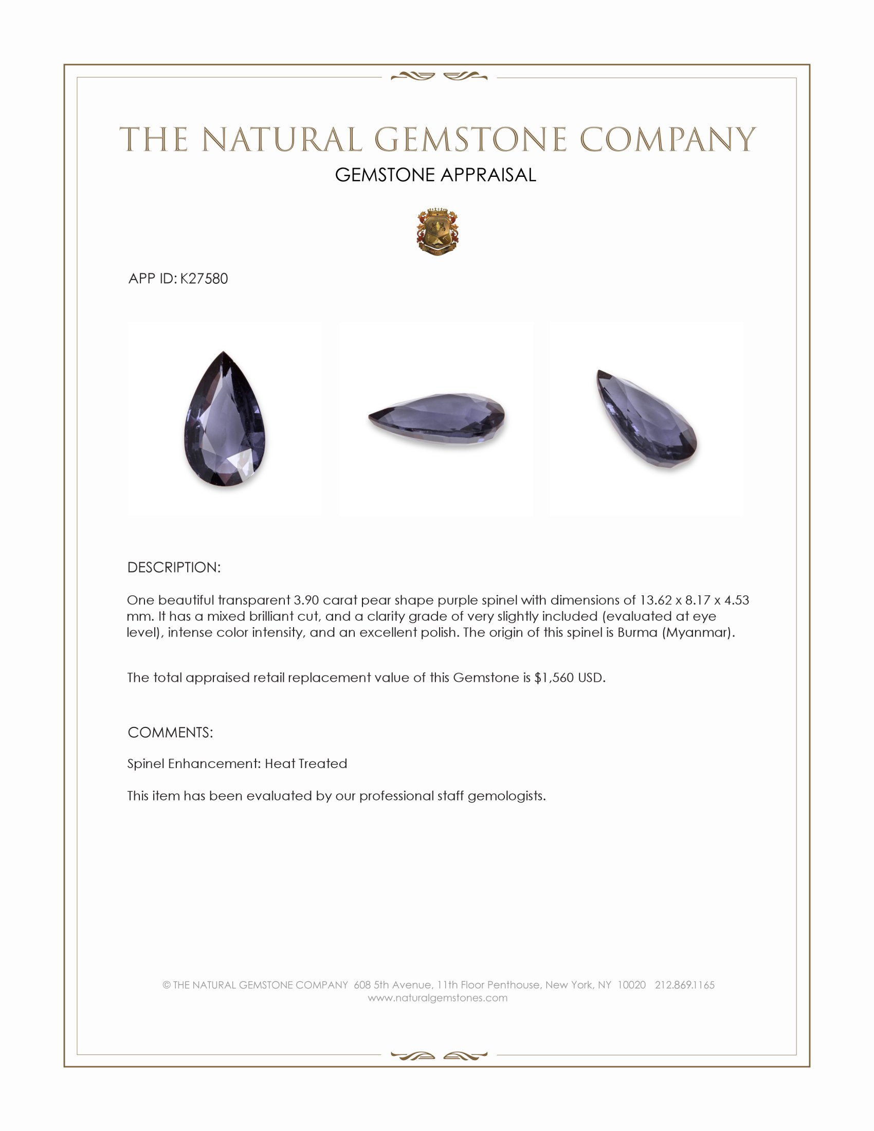 3.90 Ct. Purple Spinel from Burma (Myanmar)