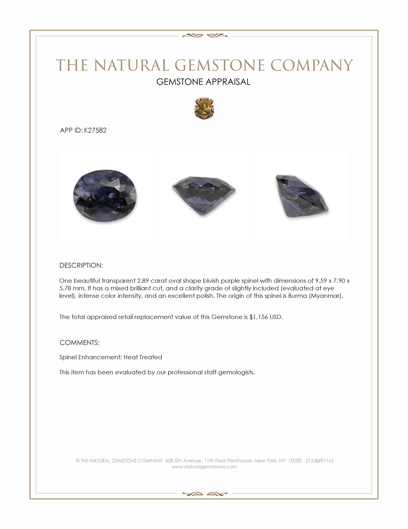2.89 Ct. Bluish Purple Spinel from Burma (Myanmar)