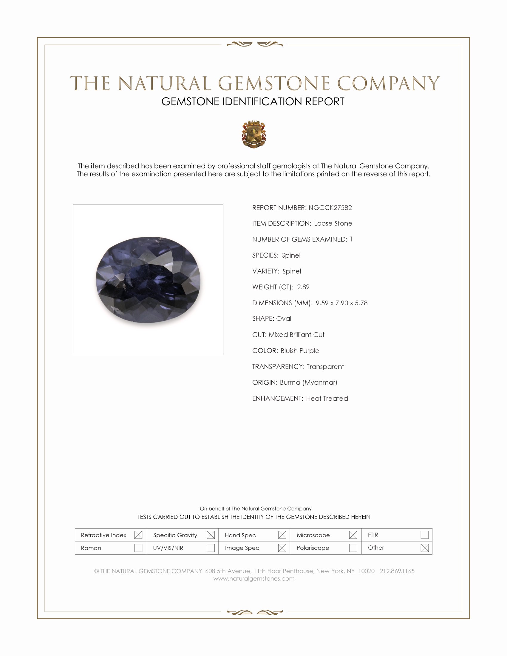 2.89 Ct. Bluish Purple Spinel from Burma (Myanmar)