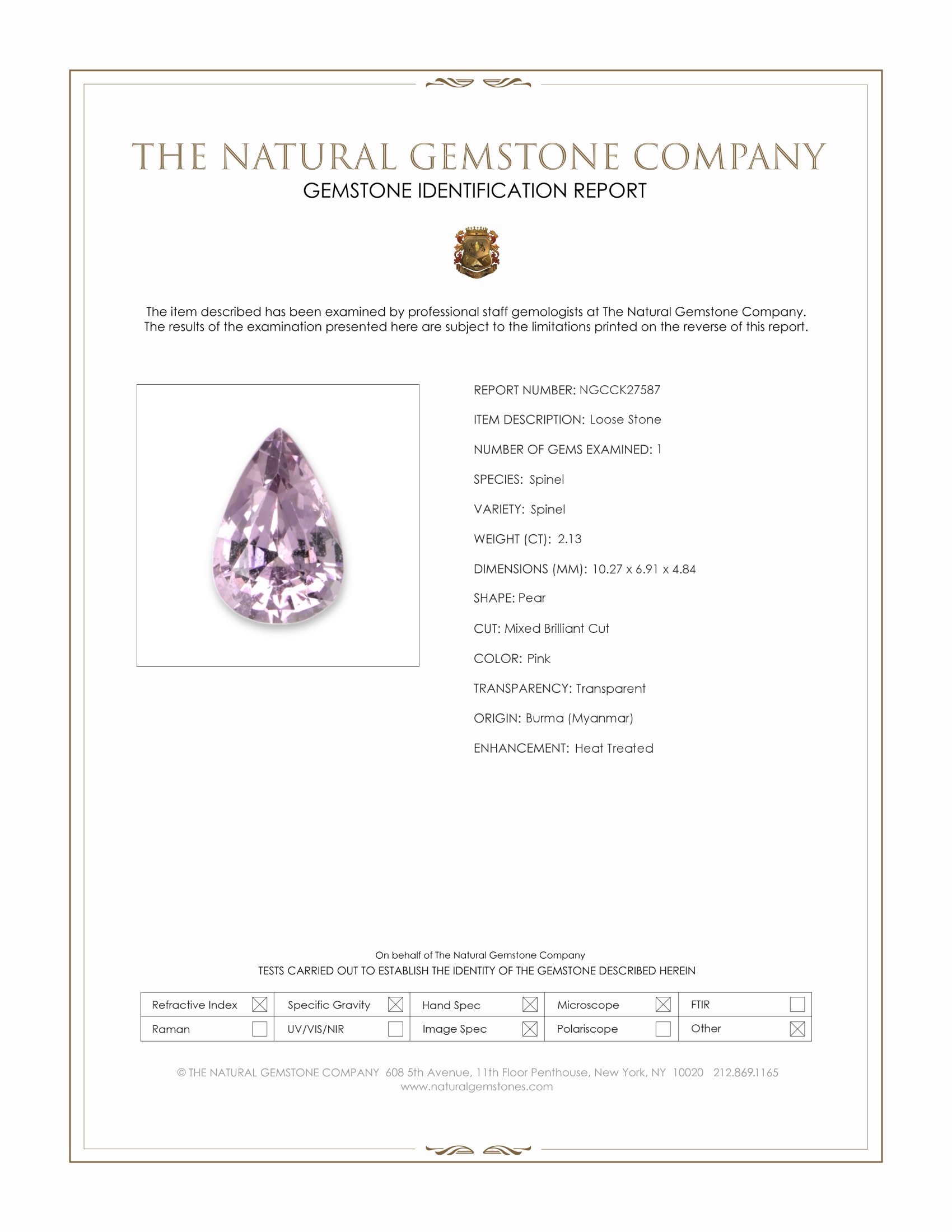 2.13 Ct. Pink Spinel from Burma (Myanmar)