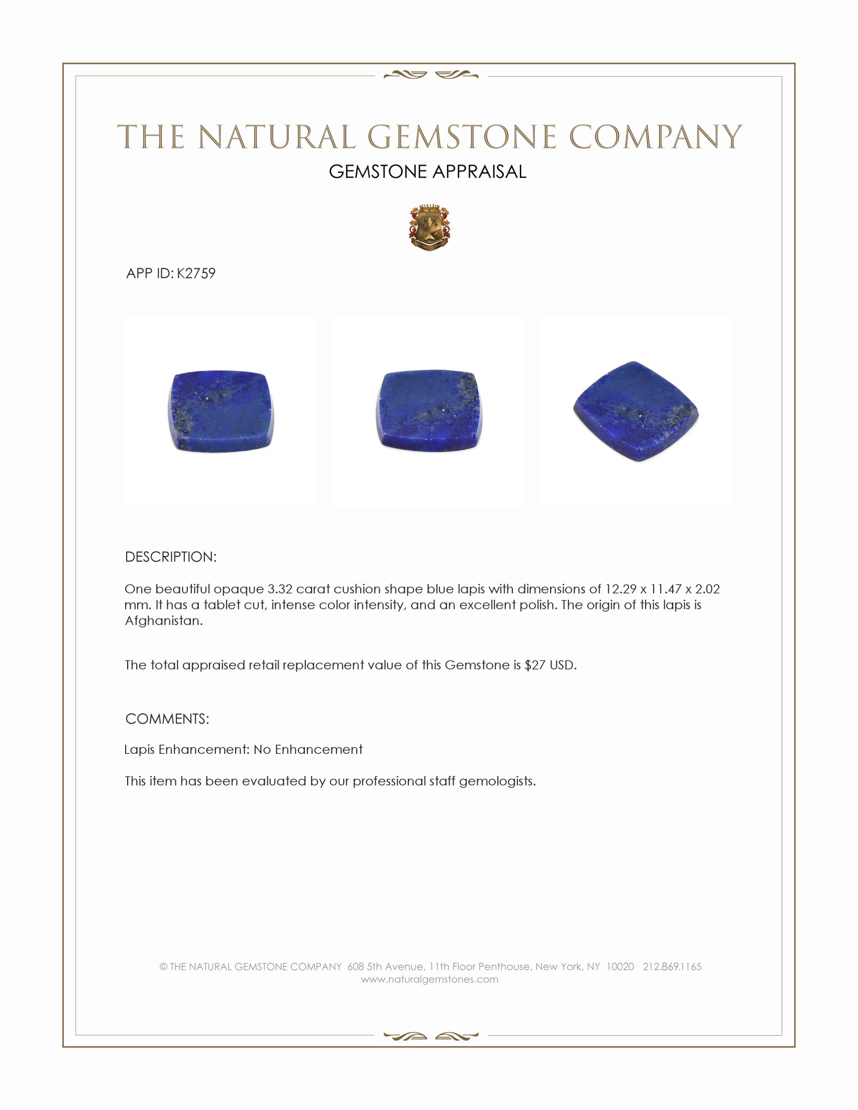 3.32 Ct. Lapis from Afghanistan