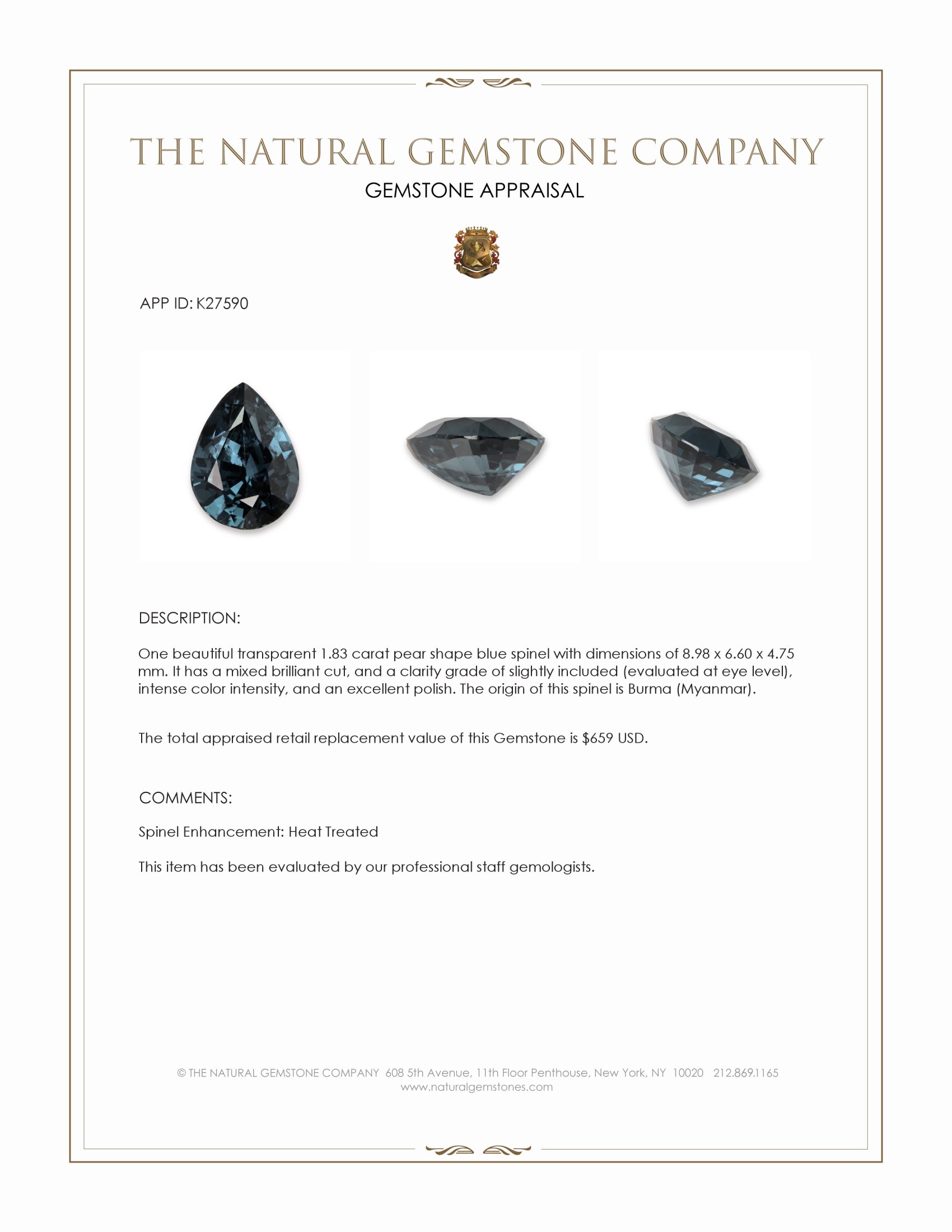 1.83 Ct. Blue Spinel from Burma (Myanmar)