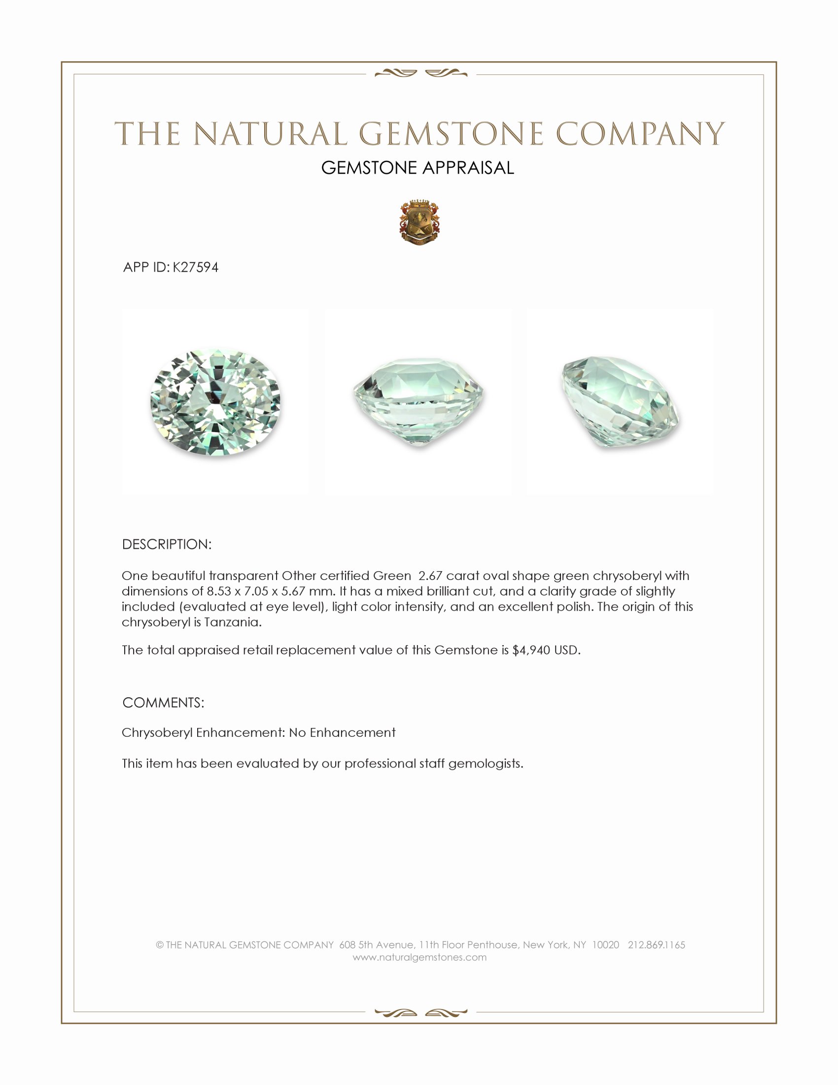2.67 Ct. Green Chrysoberyl from Tanzania