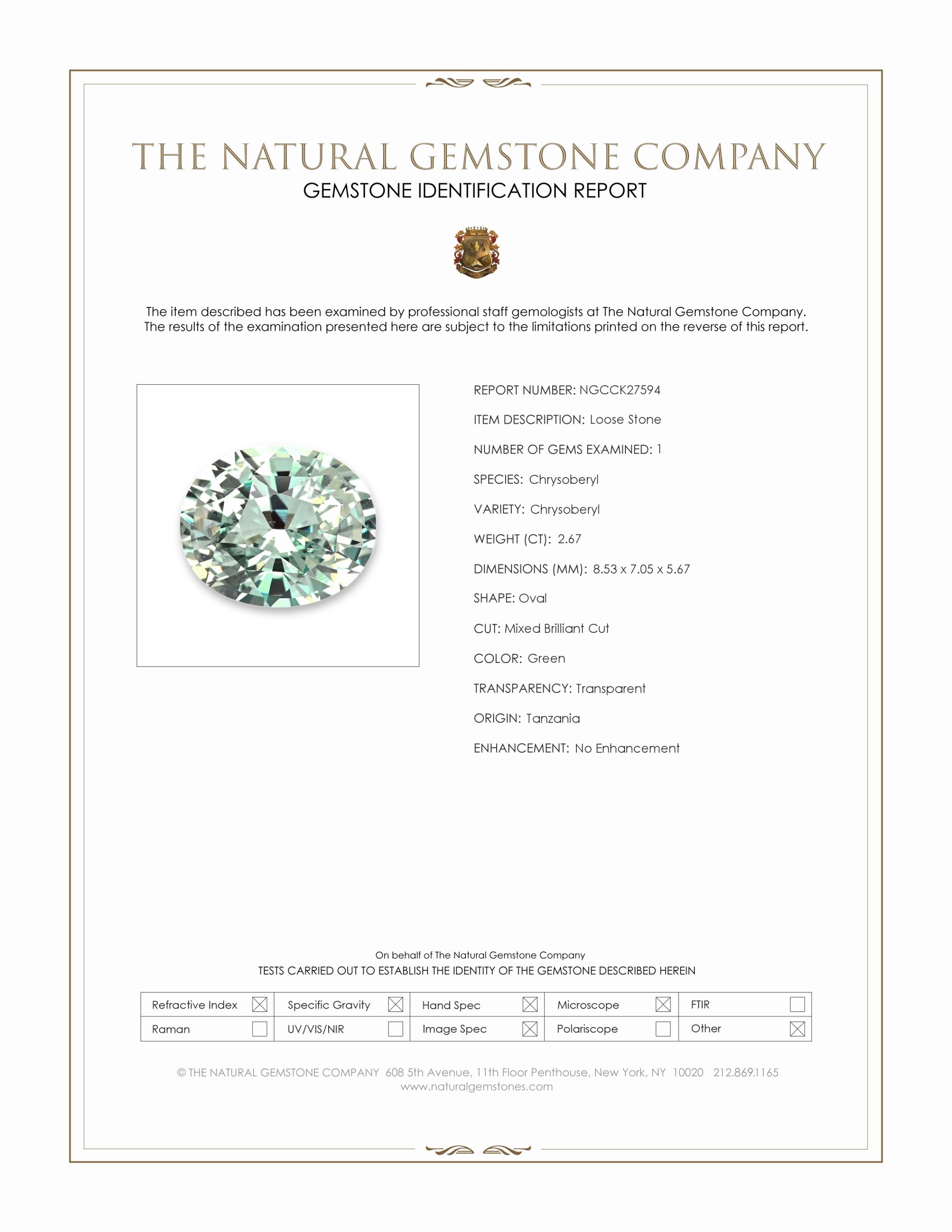2.67 Ct. Green Chrysoberyl from Tanzania