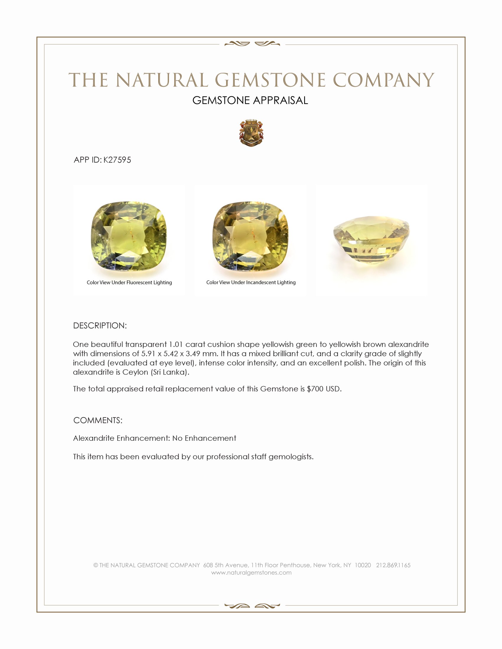 1.01 Ct. Alexandrite from Ceylon (Sri Lanka)