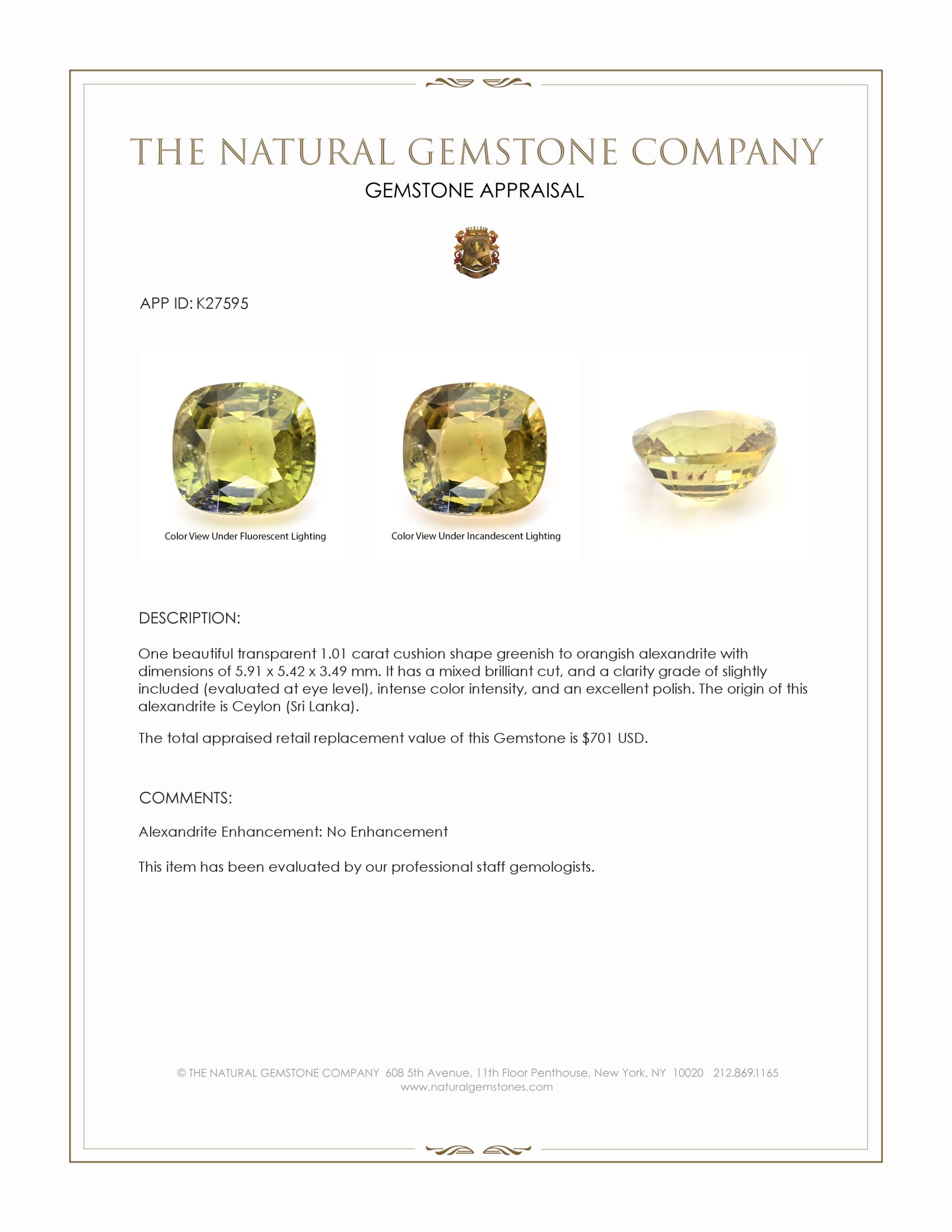 1.01 Ct. Alexandrite from Ceylon (Sri Lanka)