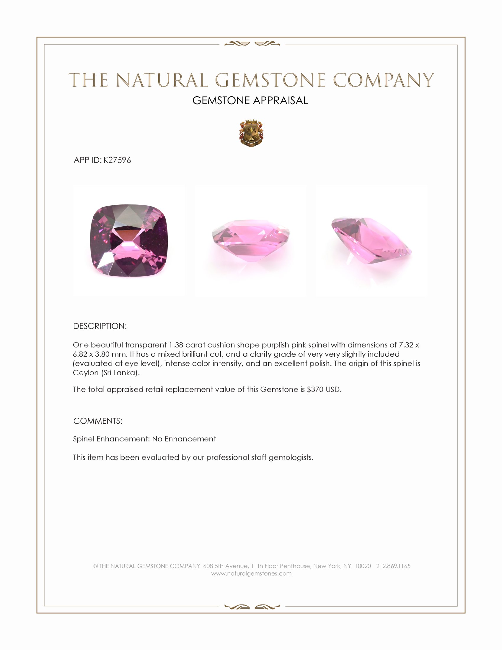 1.38 Ct. Purplish Pink Spinel from Ceylon (Sri Lanka)