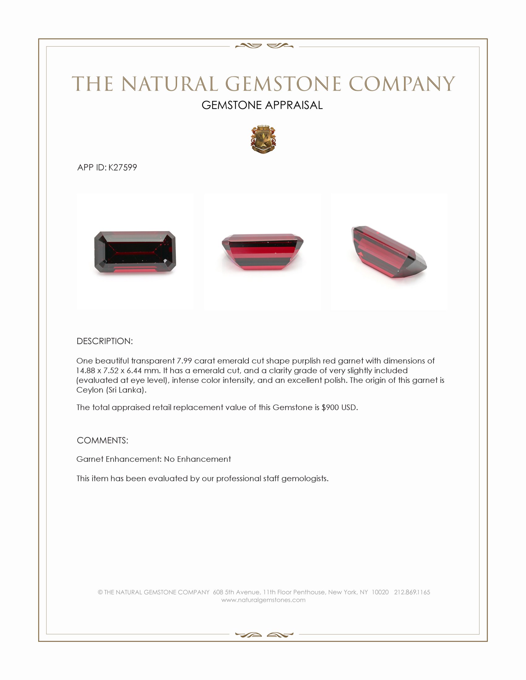 7.99 Ct. Purplish Red Garnet from Ceylon (Sri Lanka)