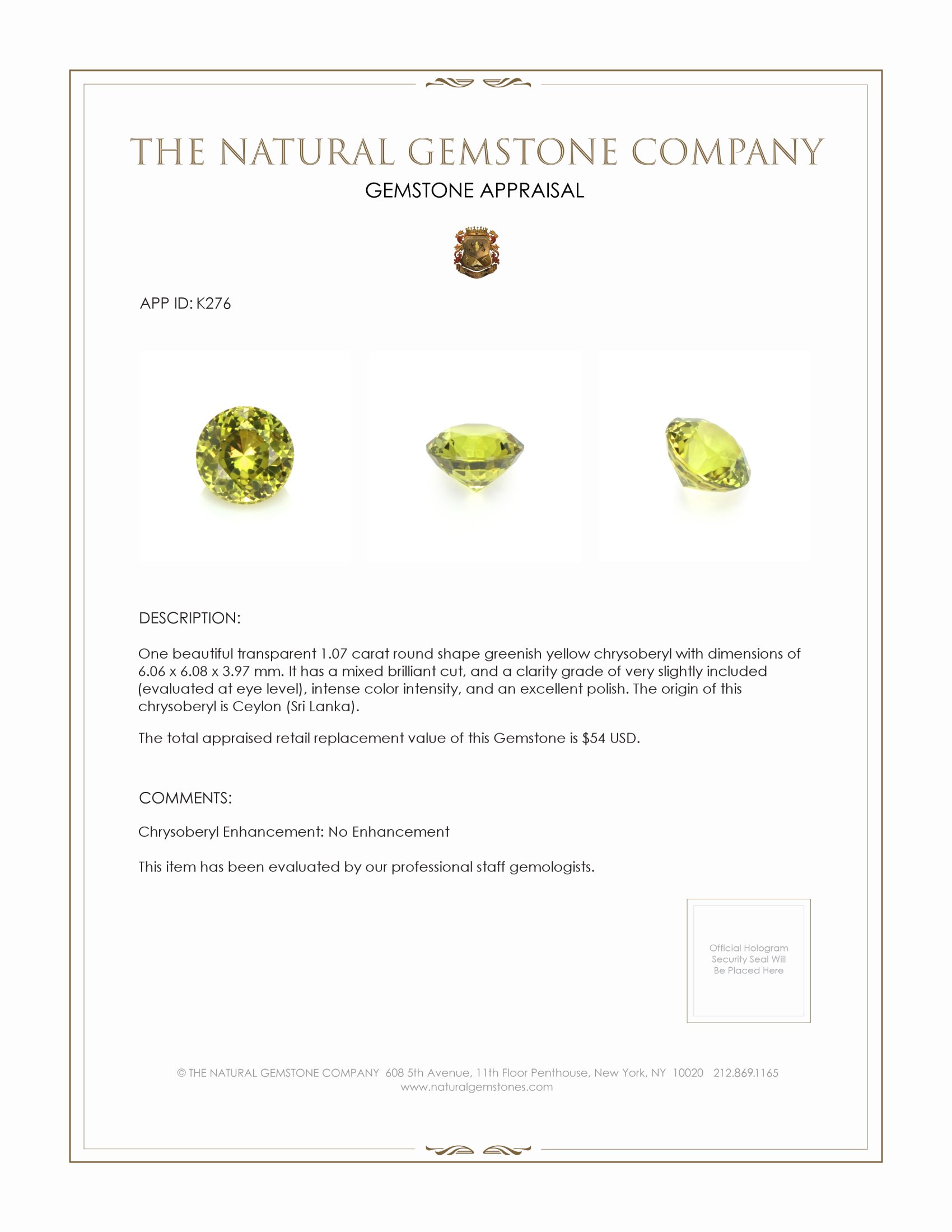 1.07 Ct. Chrysoberyl from Ceylon (Sri Lanka)