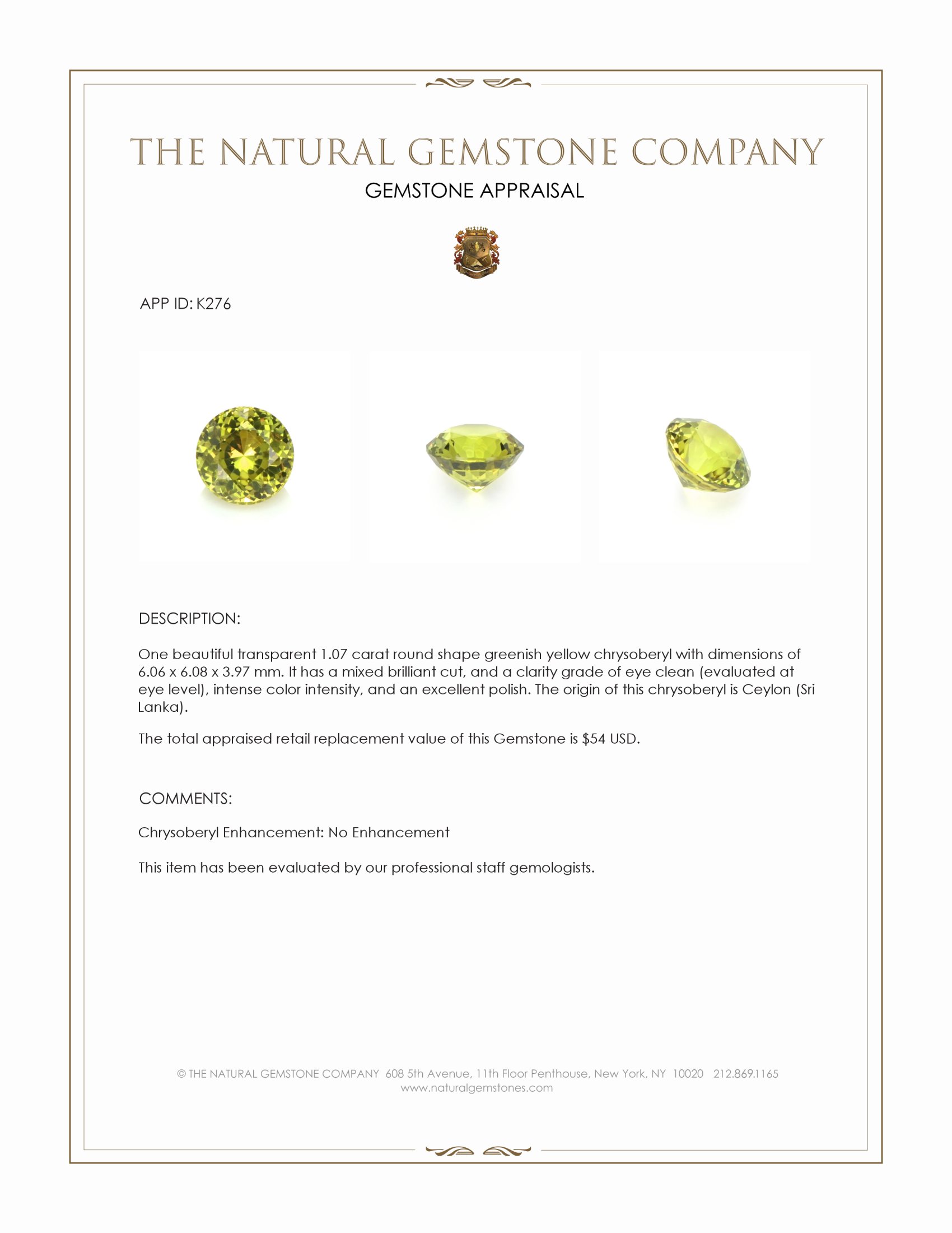 1.07 Ct. Chrysoberyl from Ceylon (Sri Lanka)