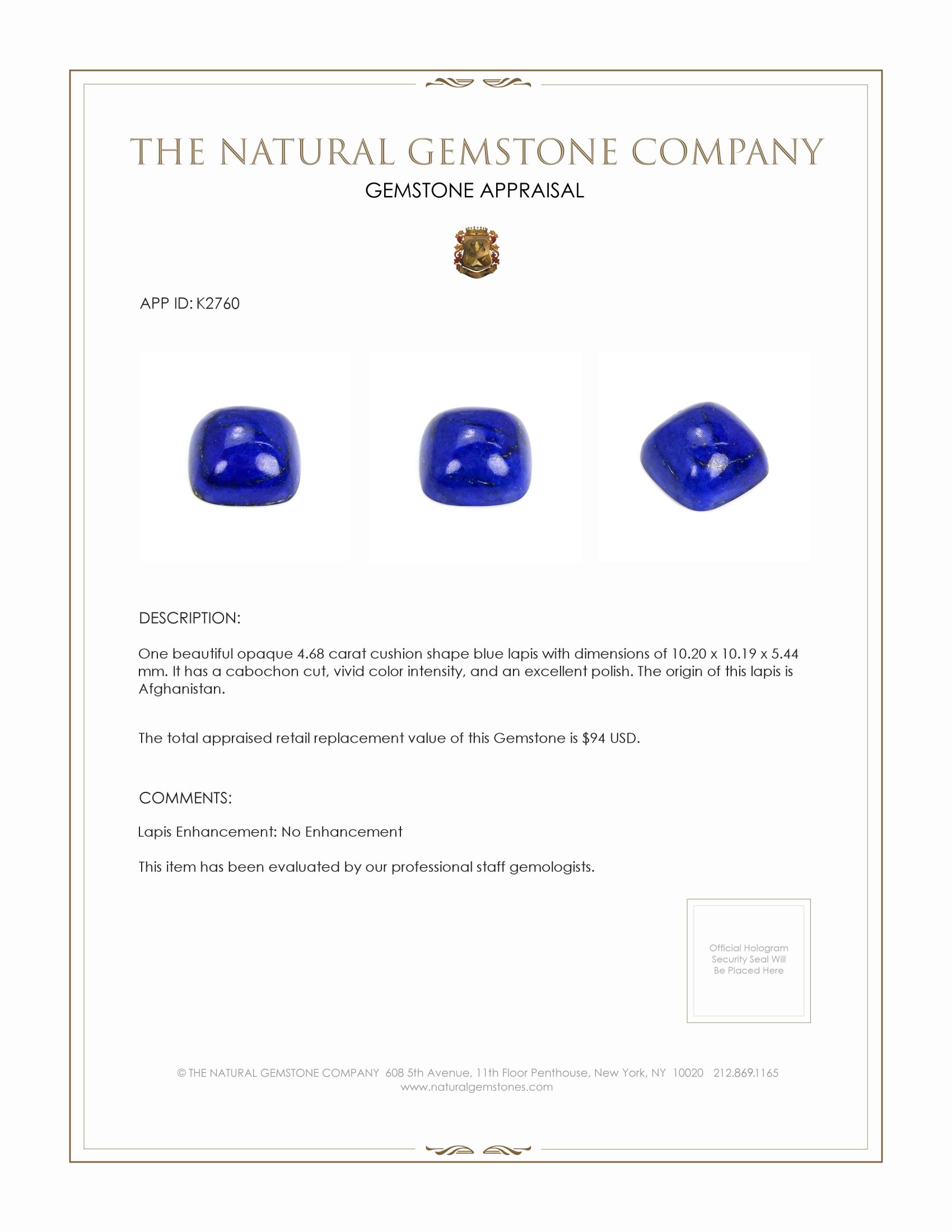 4.68 Ct. Cabochon Lapis from Afghanistan