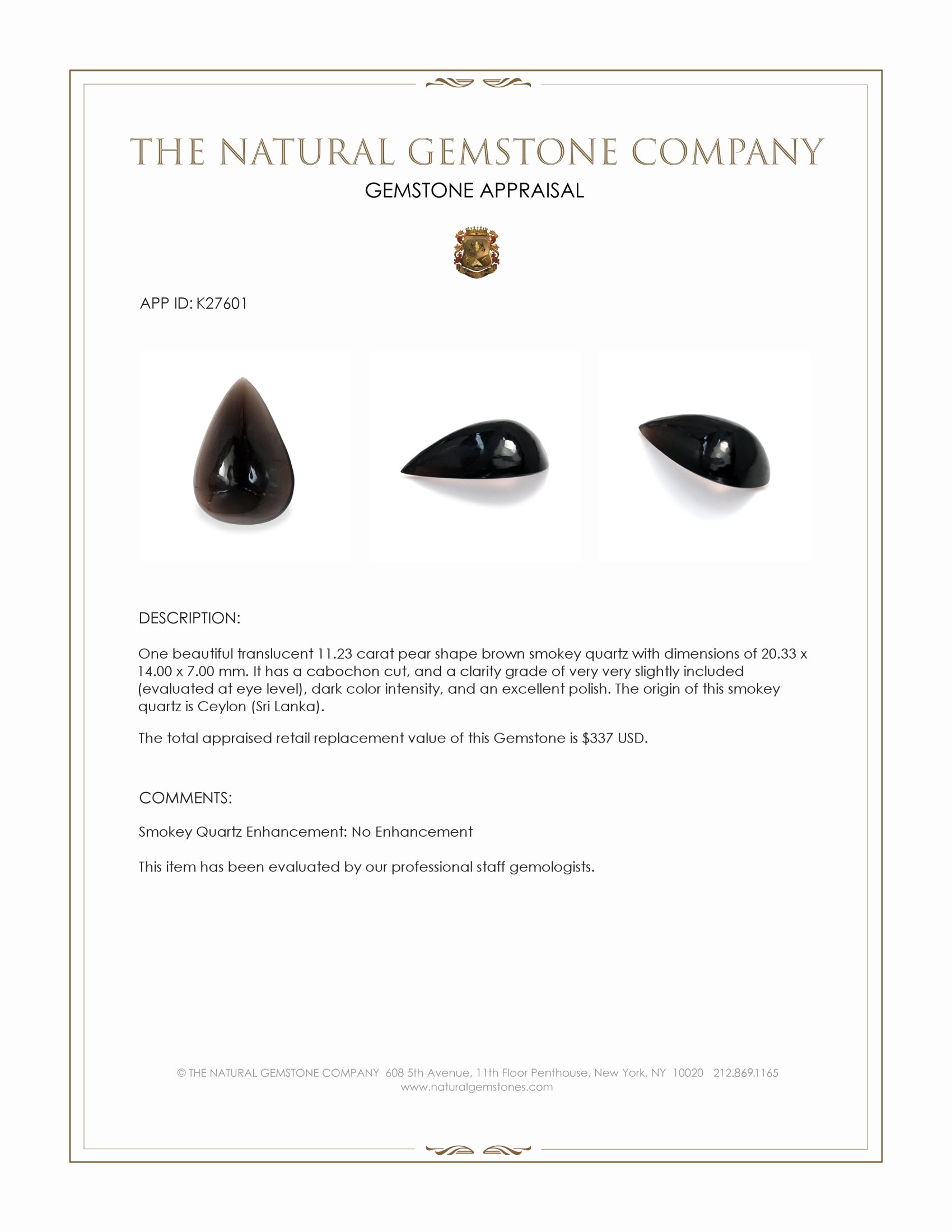 11.23 Ct. Brown Cabochon Smokey Quartz from Ceylon (Sri Lanka)