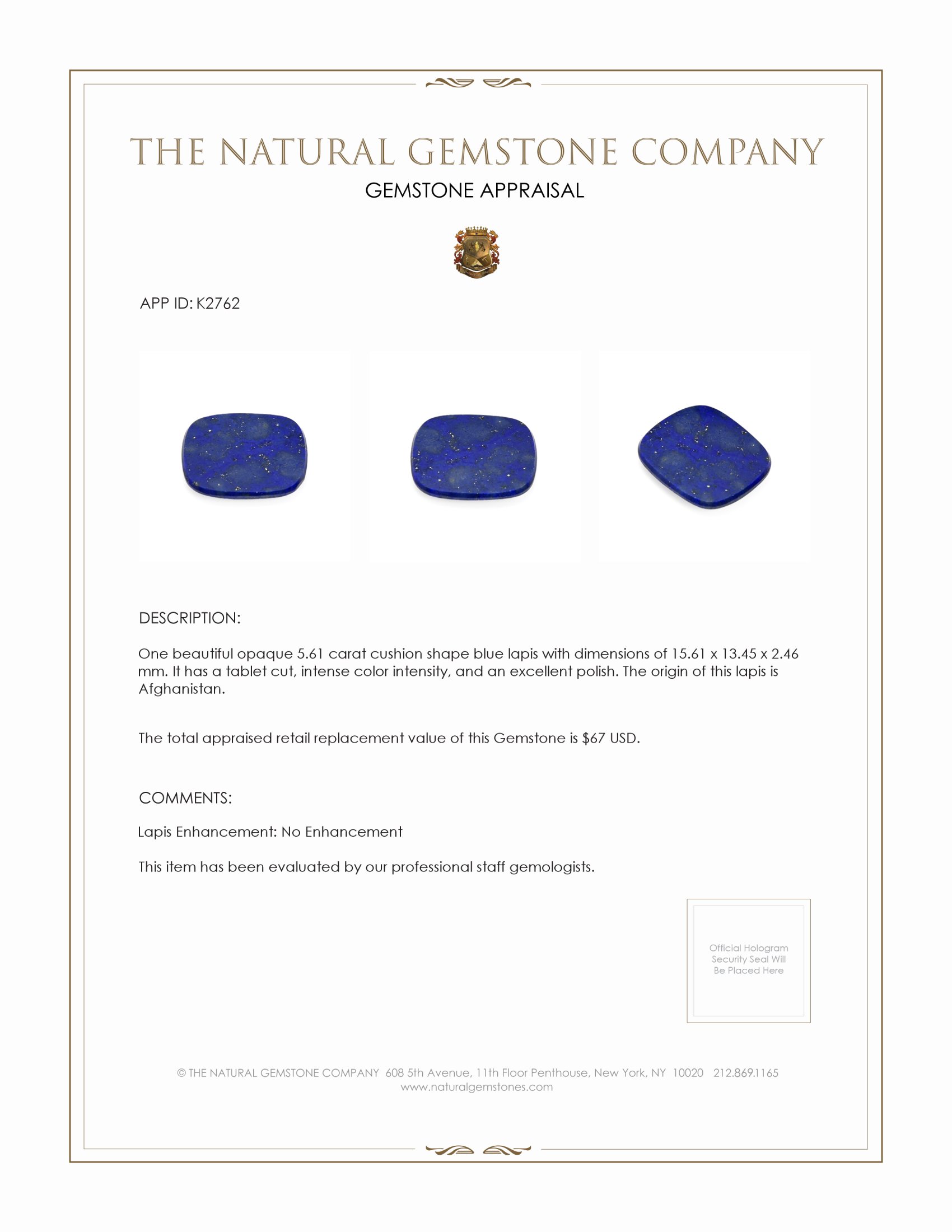 5.61 Ct. Lapis from Afghanistan