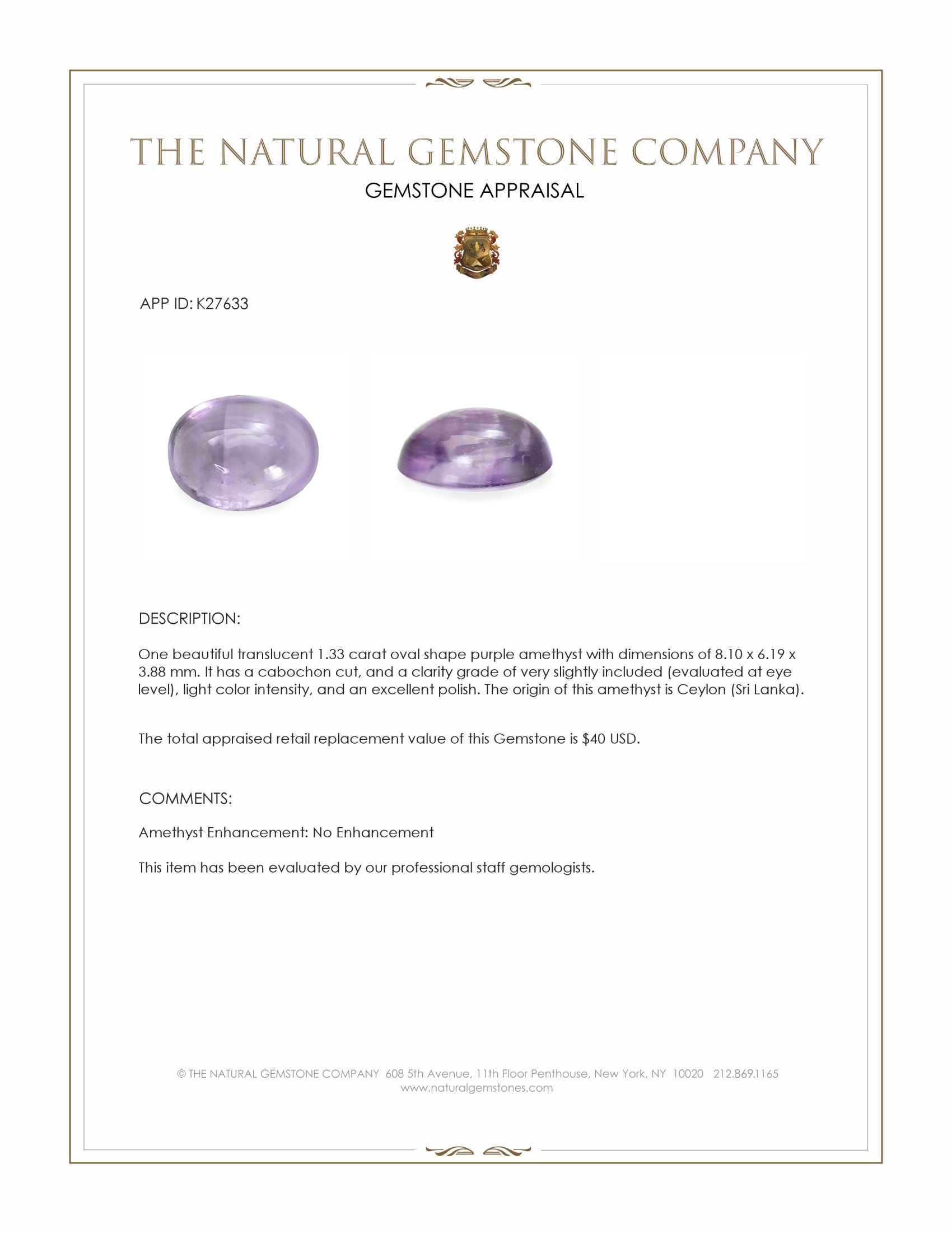 1.33 Ct. Purple Cabochon Amethyst from Ceylon (Sri Lanka)