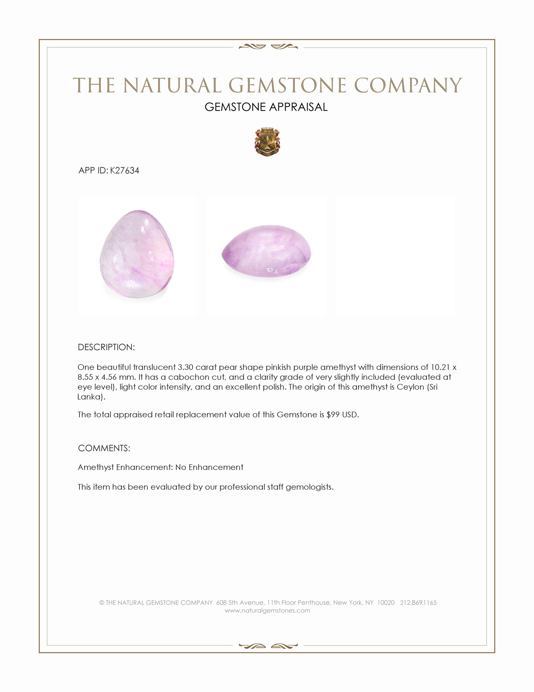 3.30 Ct. Pinkish Purple Cabochon Amethyst from Ceylon (Sri Lanka)
