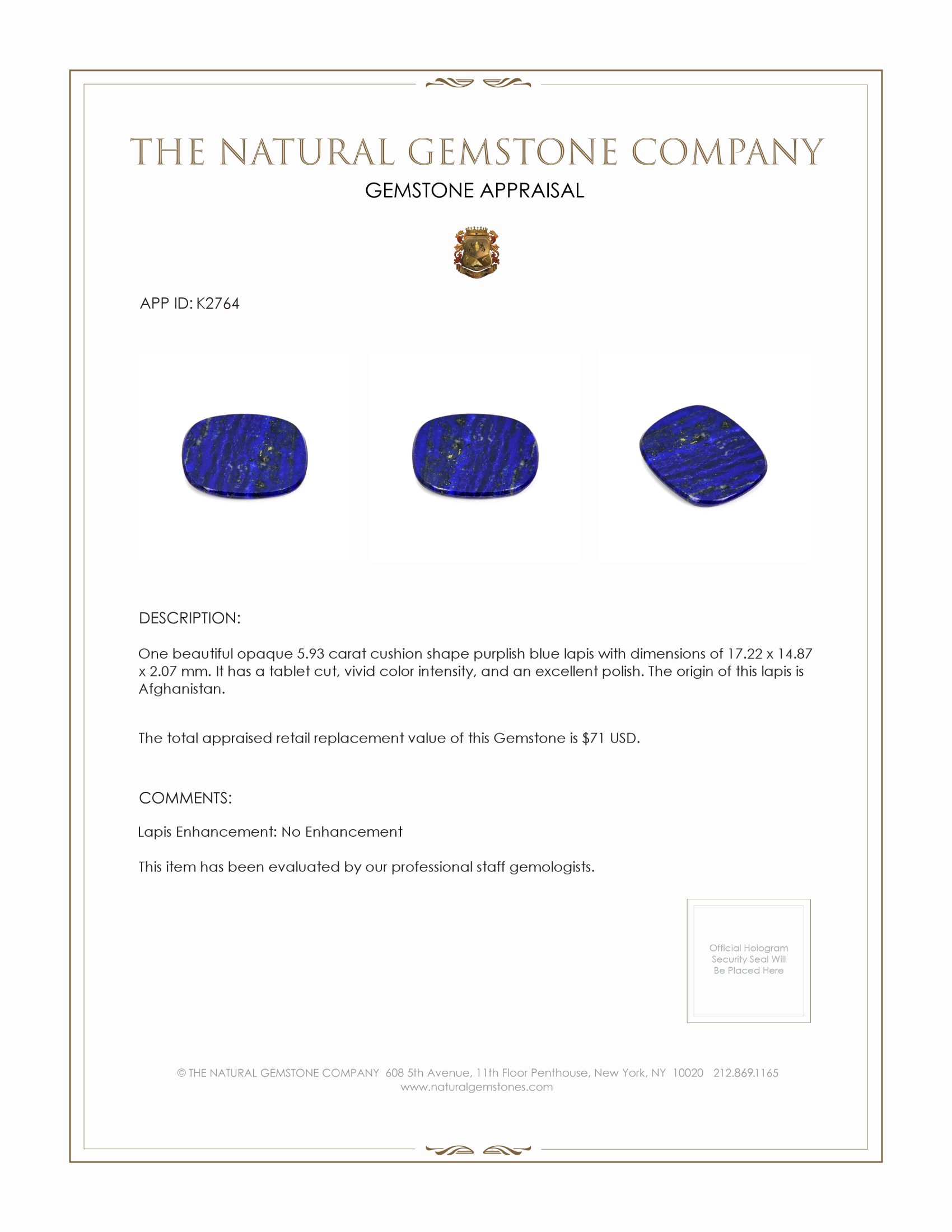 5.93 Ct. Lapis from Afghanistan