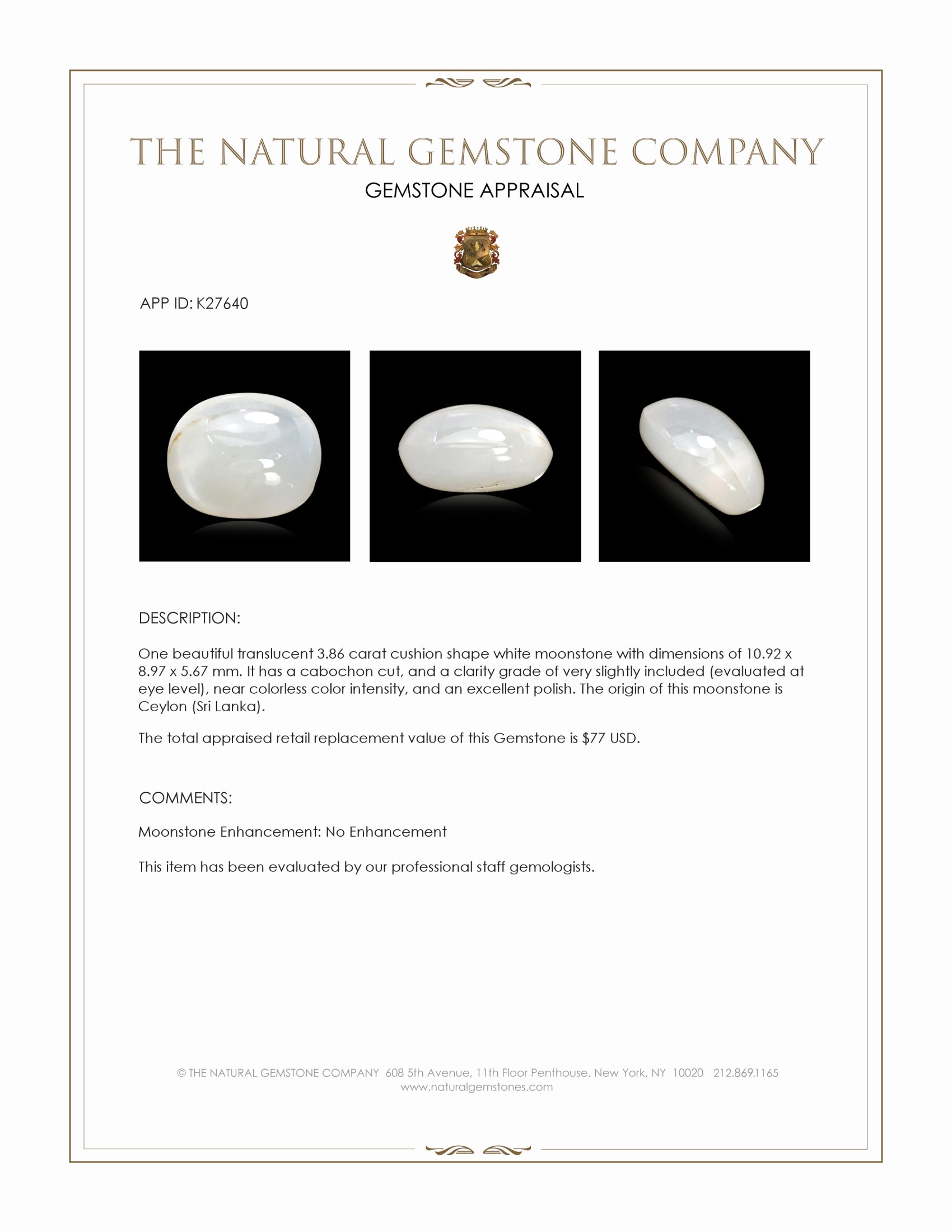 3.86 Ct. White Cabochon Moonstone from Ceylon (Sri Lanka)