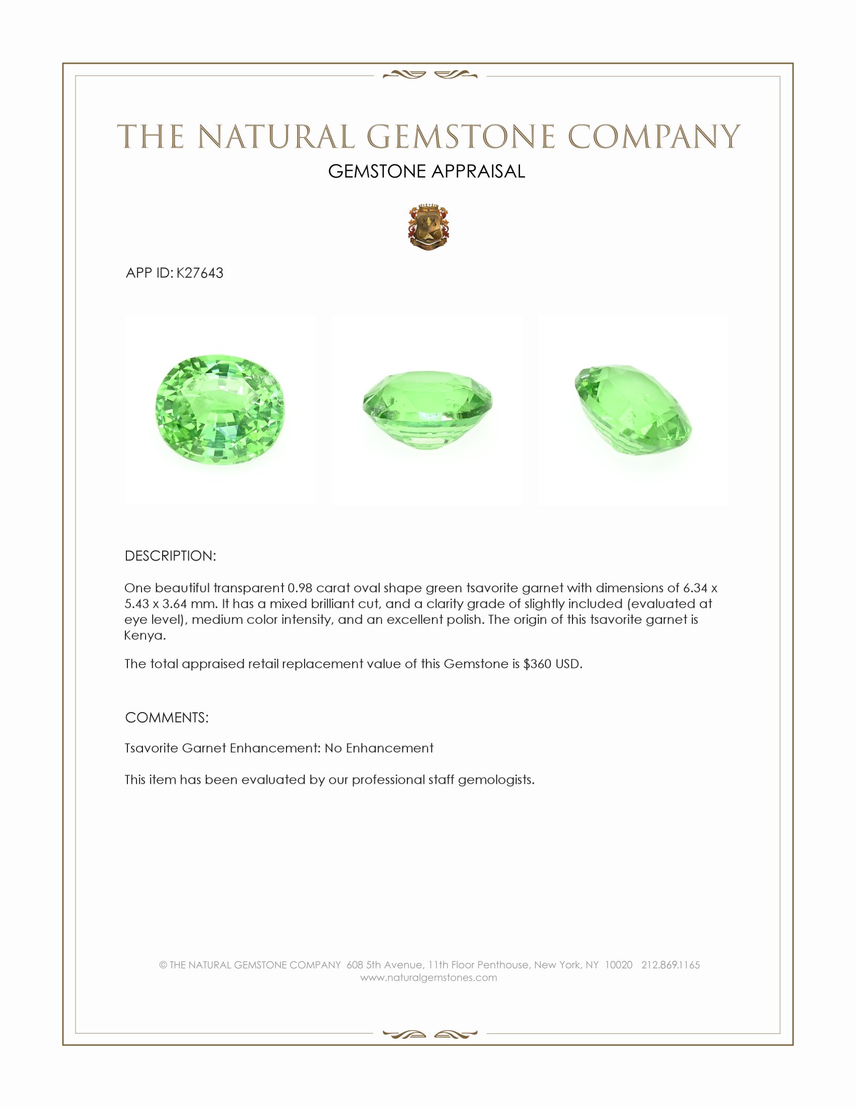 0.98 Ct. Tsavorite Garnet from Kenya