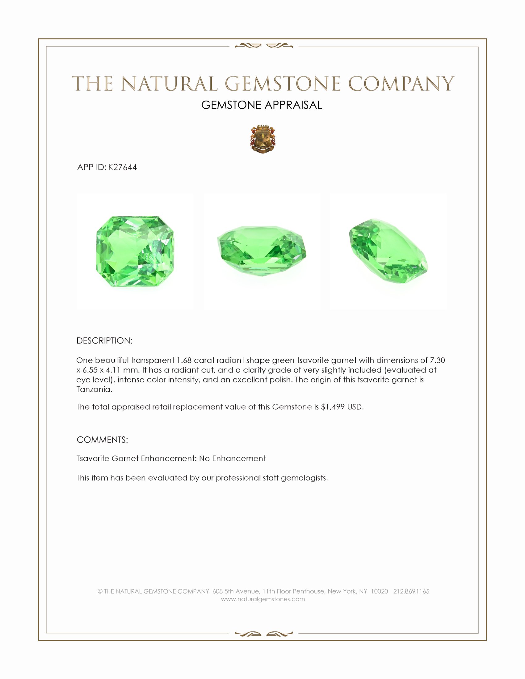 1.68 Ct. Tsavorite Garnet from Tanzania