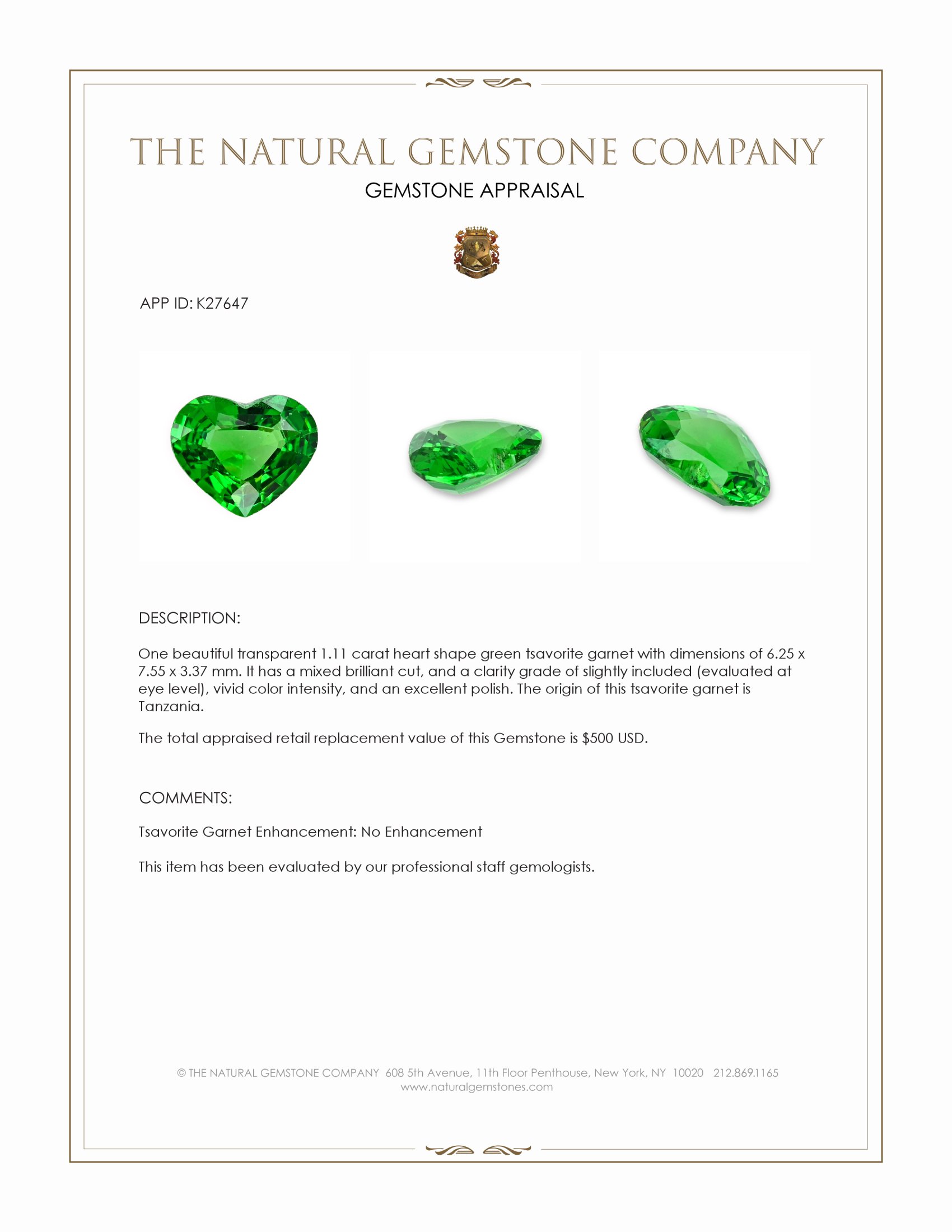 1.11 Ct. Tsavorite Garnet from Tanzania