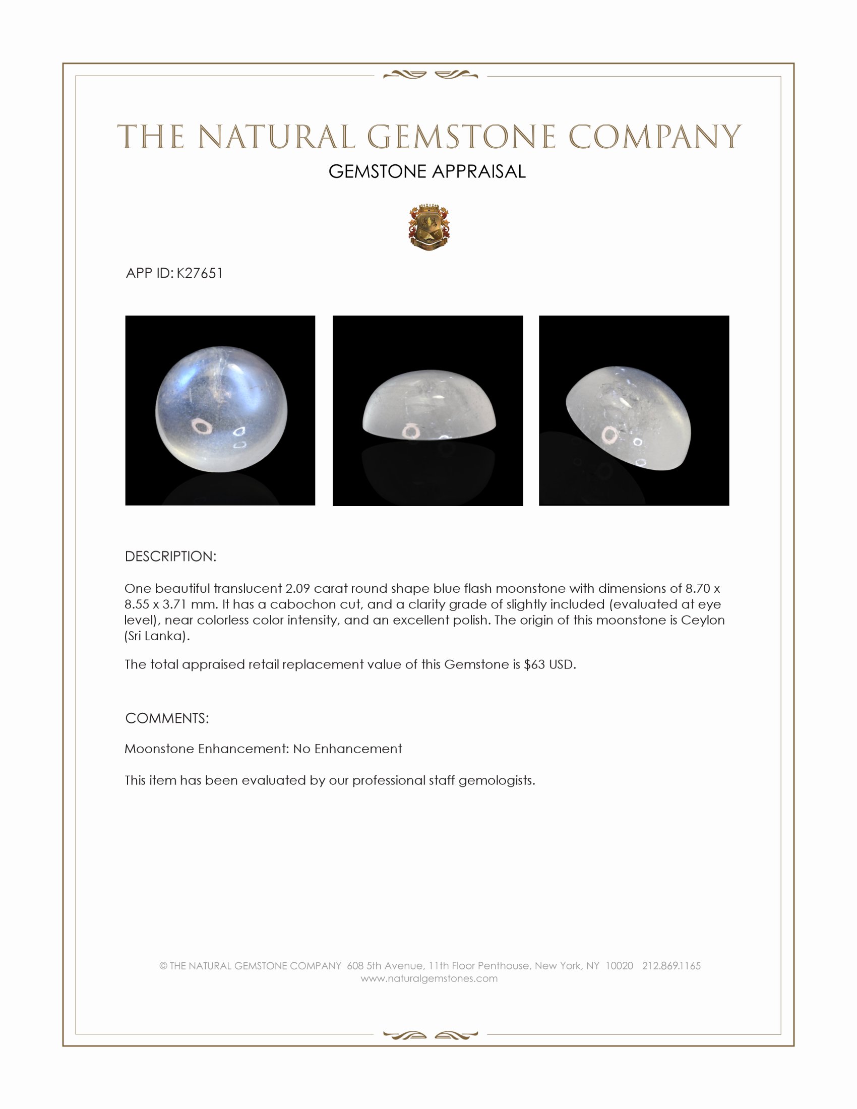 2.09 Ct. Blue Flash Cabochon Moonstone from Ceylon (Sri Lanka)