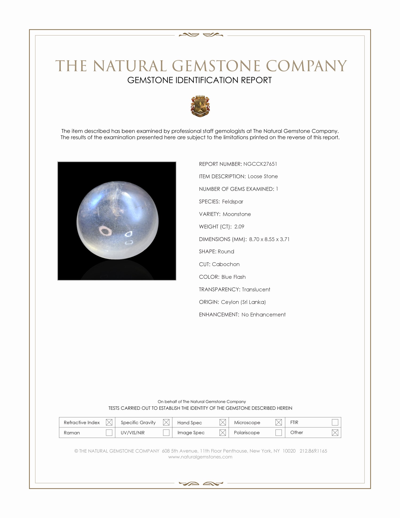 2.09 Ct. Blue Flash Cabochon Moonstone from Ceylon (Sri Lanka)